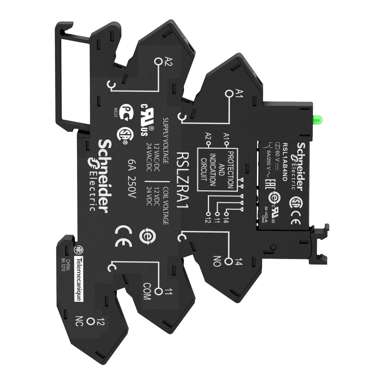 Picture of RSL1PRBU - slim interface relay, Harmony Electromechanical Relays, pre assembled, 6A, 1CO, with LED, spring terminals, 24V AC/DC