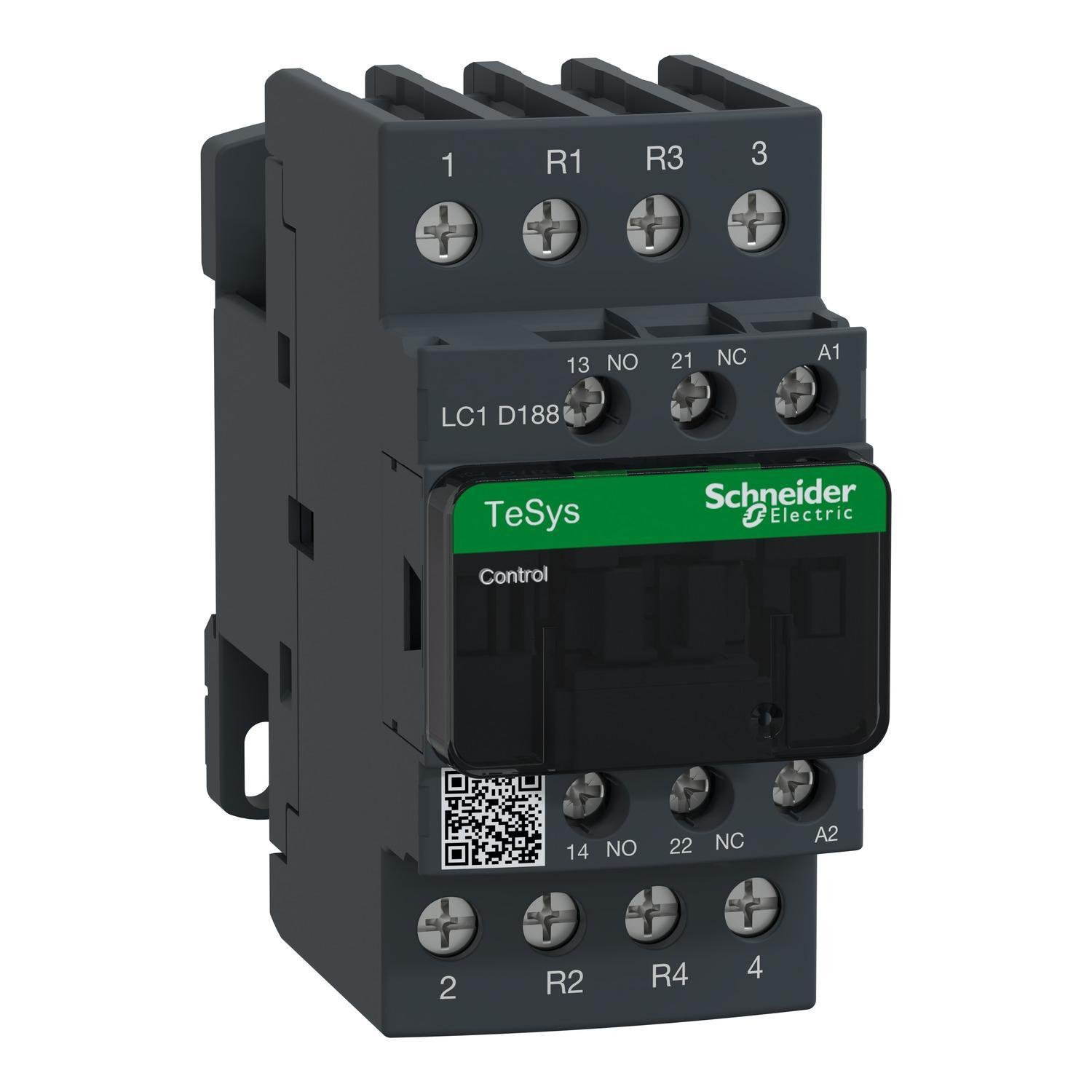 Picture of LC1D188G7 - IEC contactor, TeSys Deca, nonreversing, 32A resistive, 4 pole, 2 NO and 2 NC, 120VAC 50/60Hz coil, open style, open style