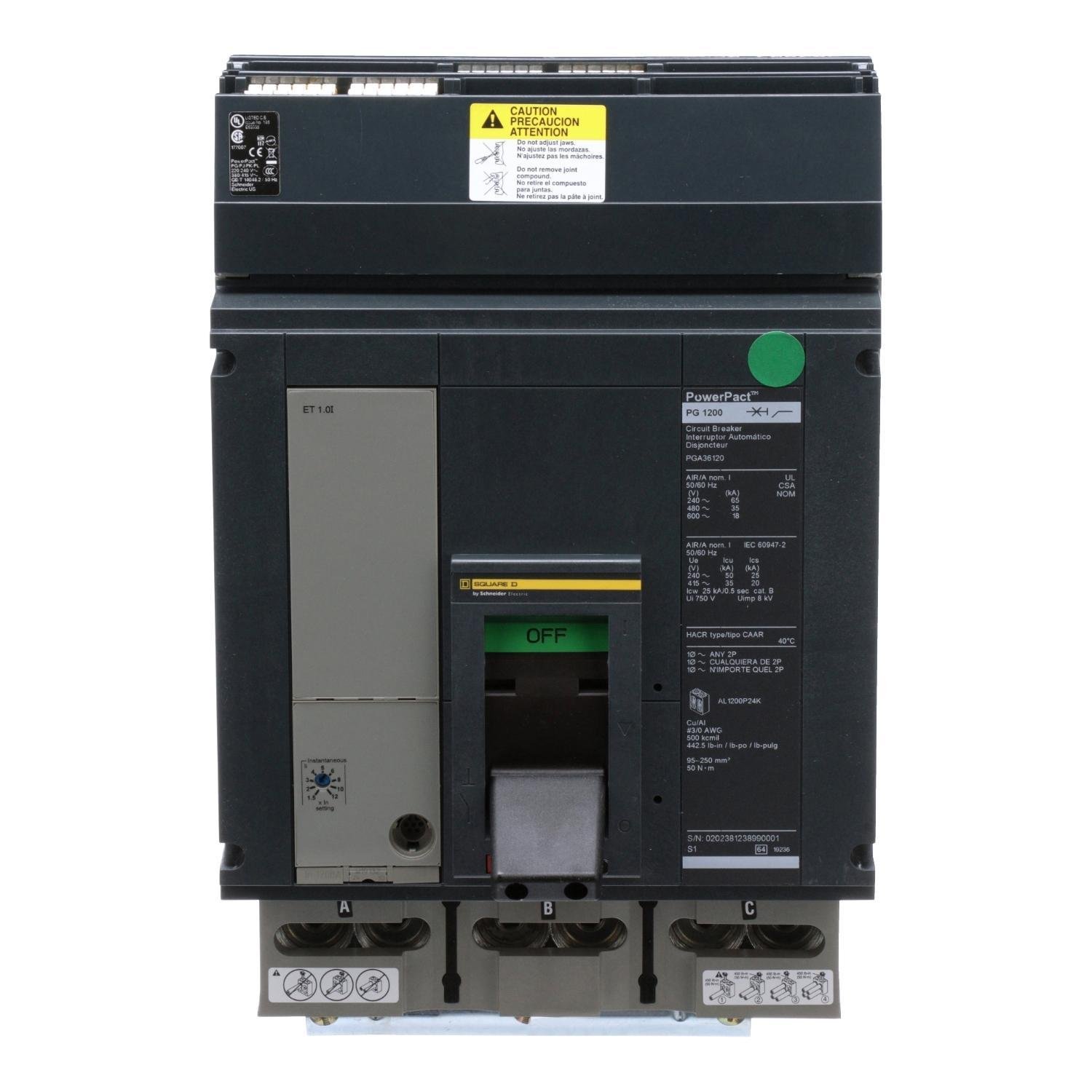 PGA36120 - Circuit breaker, PowerPacT P, 1200A, 3 pole, 600VAC, 18kA, I-Line, ET1.0l, 80%, ABC