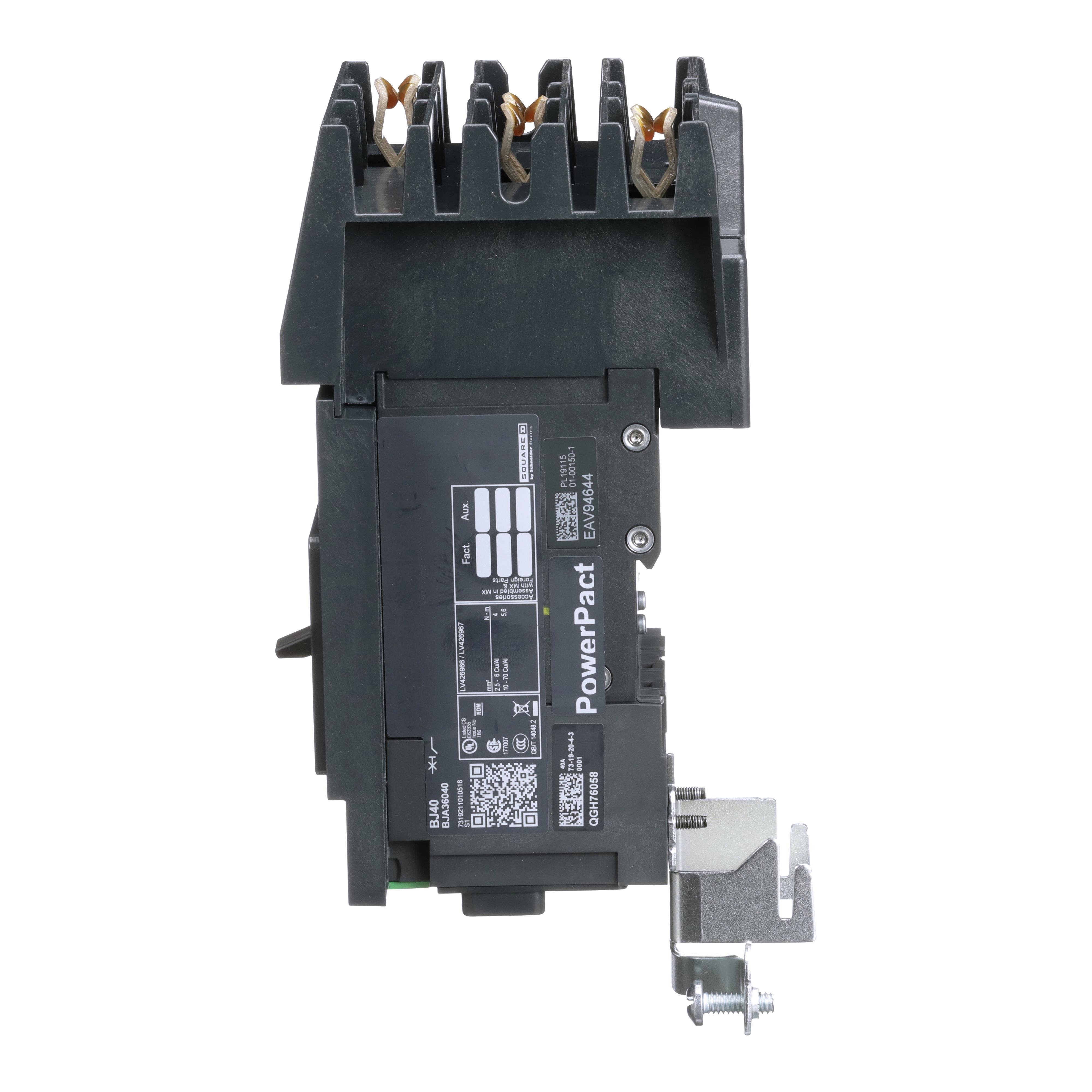 Picture of BJA36040 - Circuit breaker, PowerPacT B, 40A, 3 pole, 600Y/347VAC, 25kA, I-Line, thermal magnetic, 80%, ABC