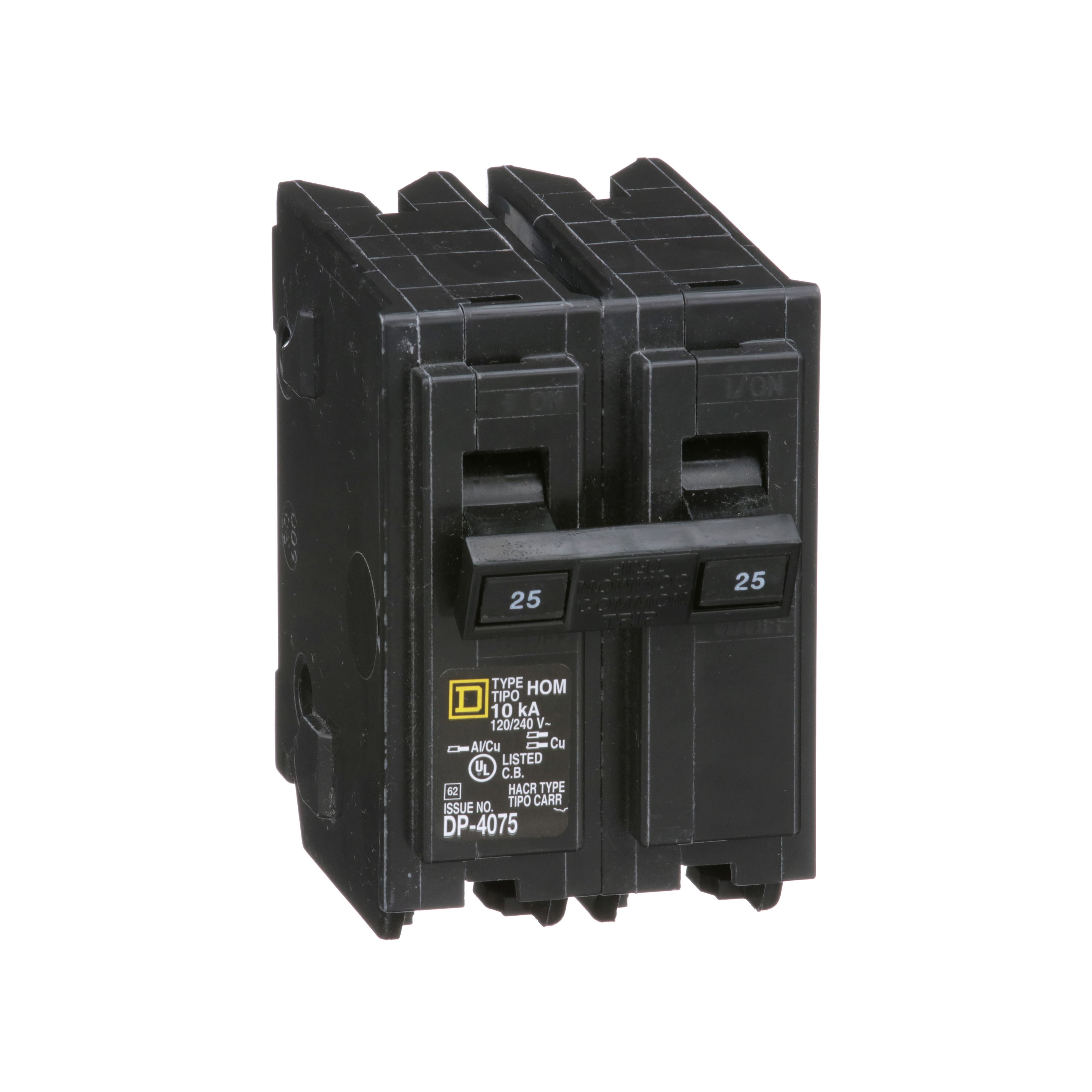 HOM225 - Mini circuit breaker, Homeline, 25A, 2 pole, 120/240VAC, 10kA AIR, standard type, plug in, UL