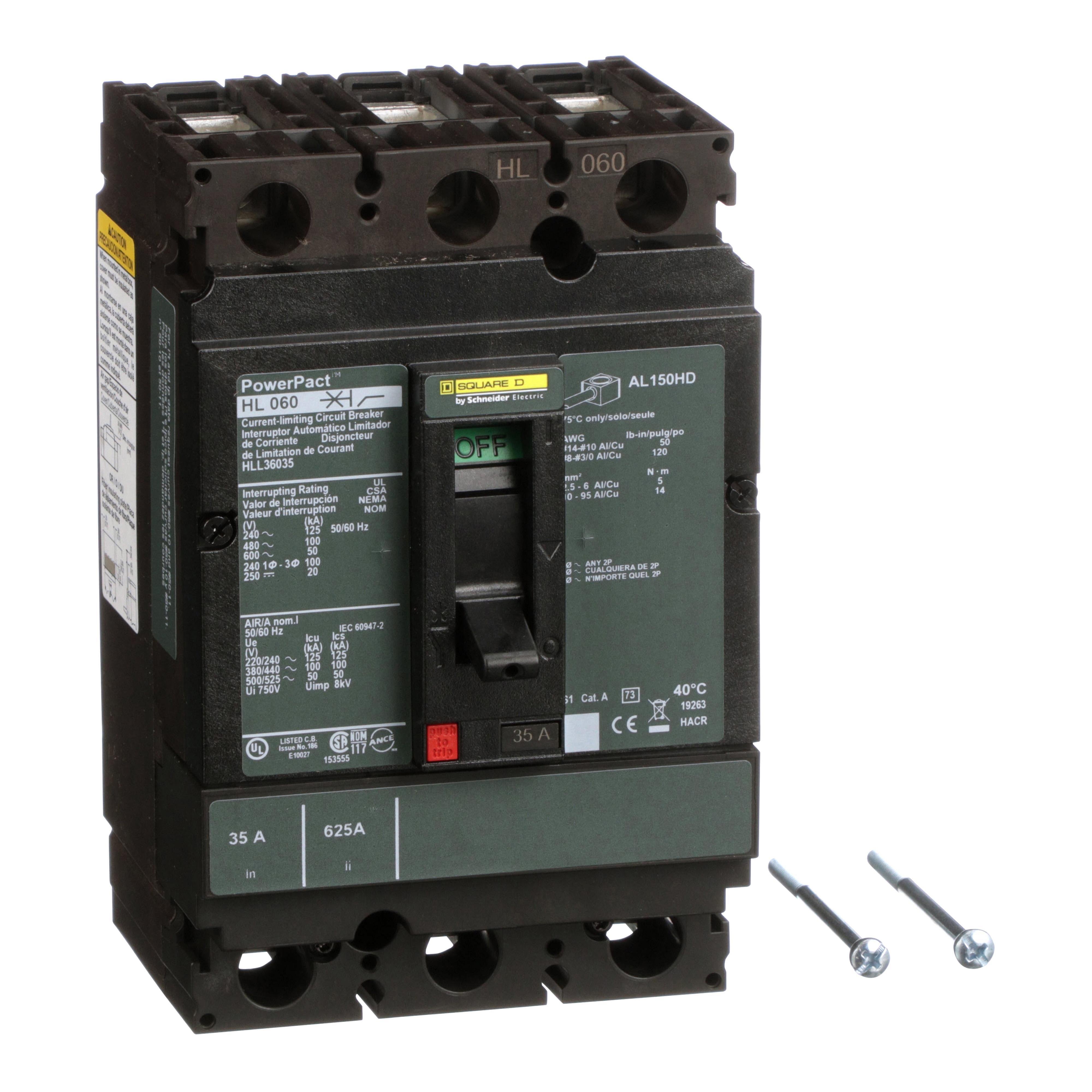 HLL36035 - Circuit breaker, PowerPacT H, 35A, 3 pole, 600VAC, 50kA, lugs, thermal magnetic, 80%