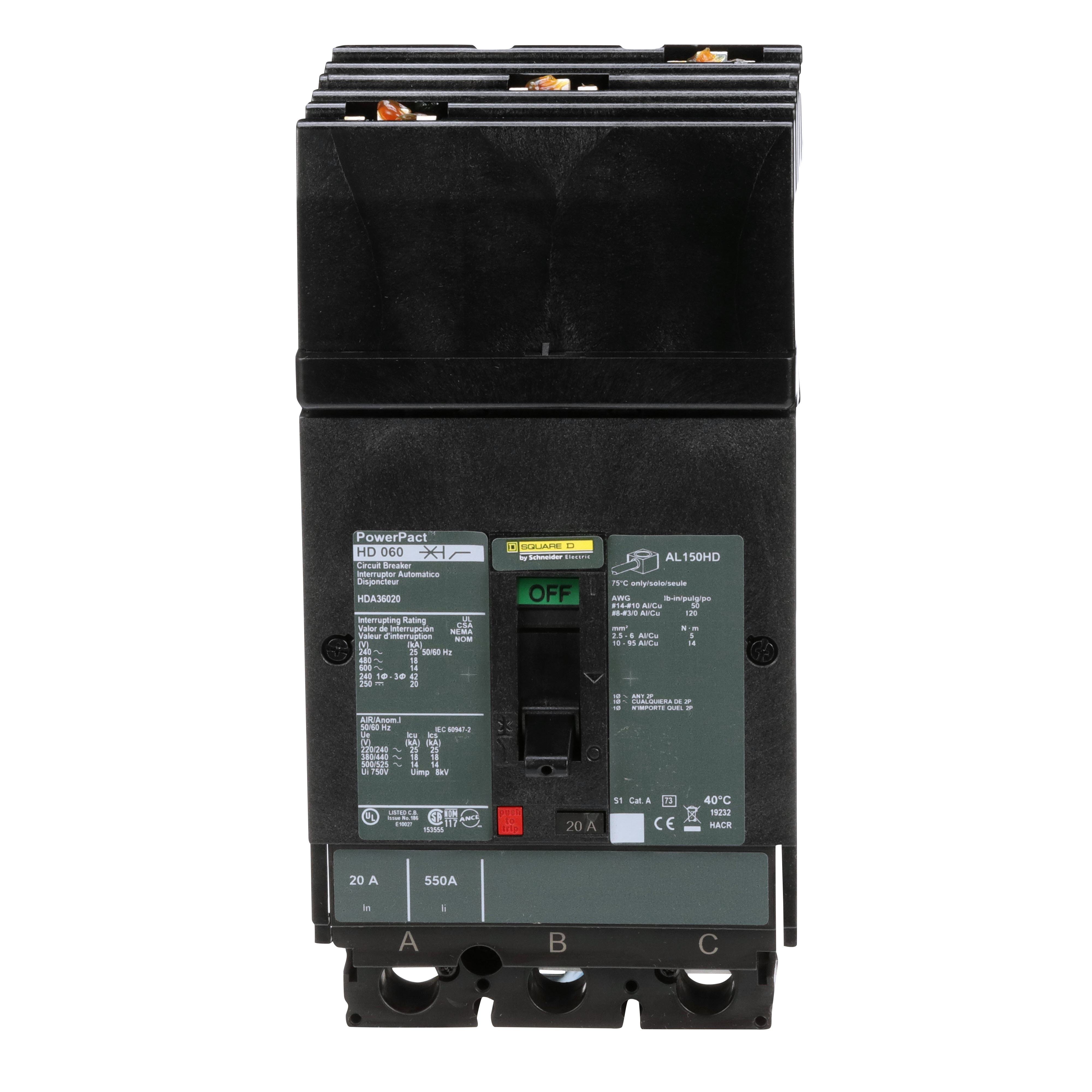Picture of HDA36020 - Circuit breaker, PowerPacT H, 20A, 3 pole, 600VAC, 14kA, I-Line, thermal magnetic, 80%, ABC