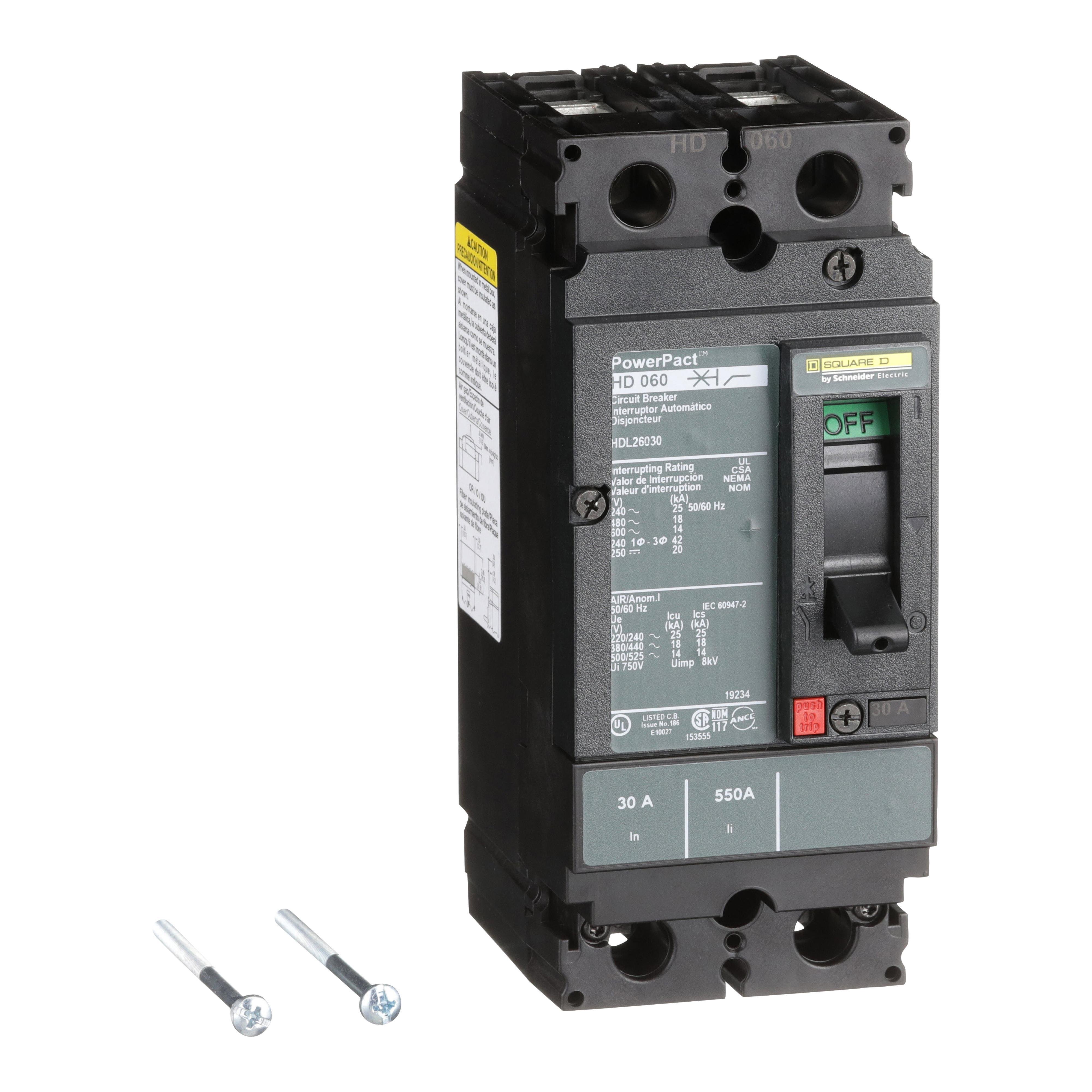 Picture of HDL26030 - Circuit breaker, PowerPacT H, 30A, 2 pole, 600VAC, 14kA, lugs, thermal magnetic, 80%