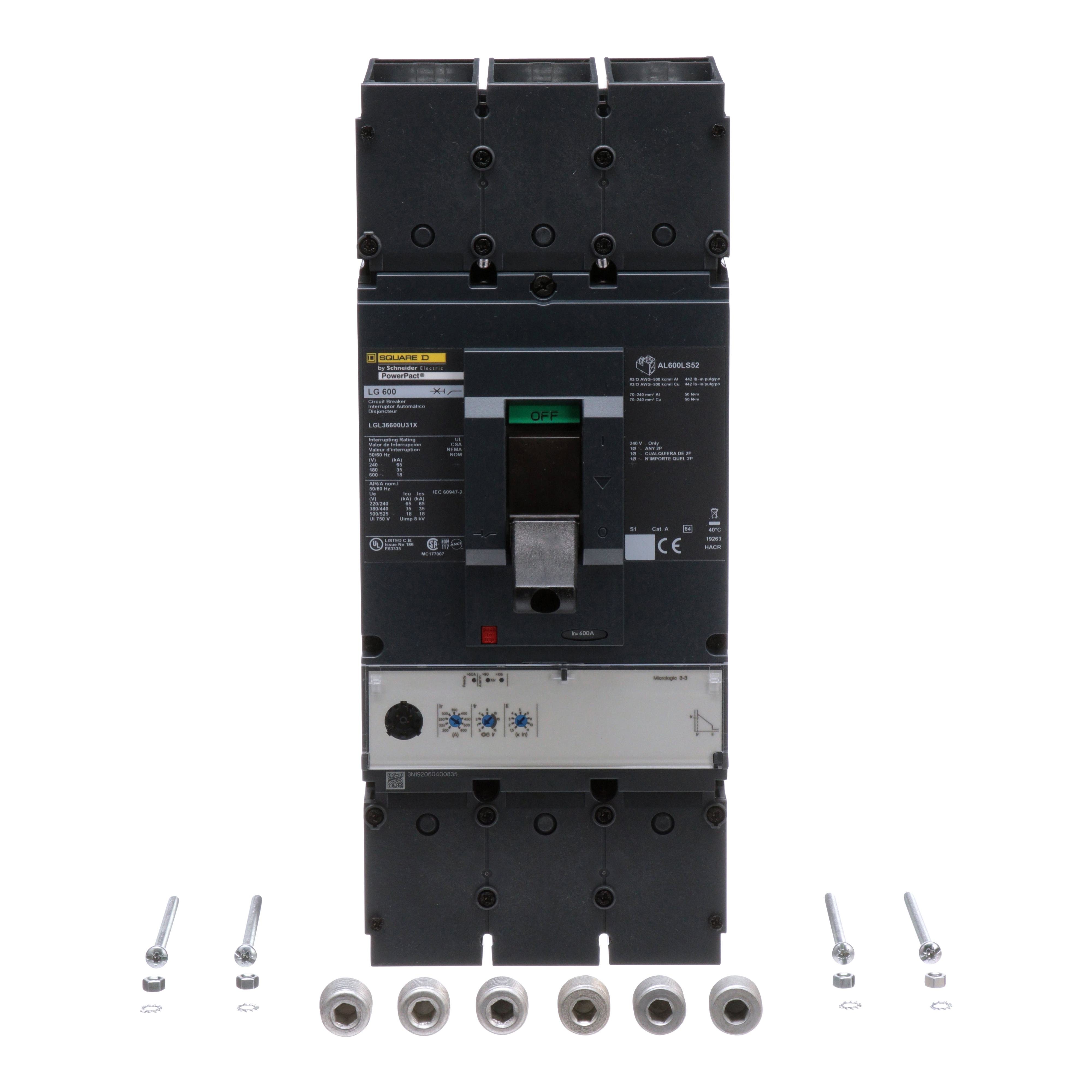 Picture of LGL36600U31X - Circuit breaker, PowerPacT L, 600A, 3 pole, 600VAC, 18kA, lugs, MicroLogic 3.3, 80%