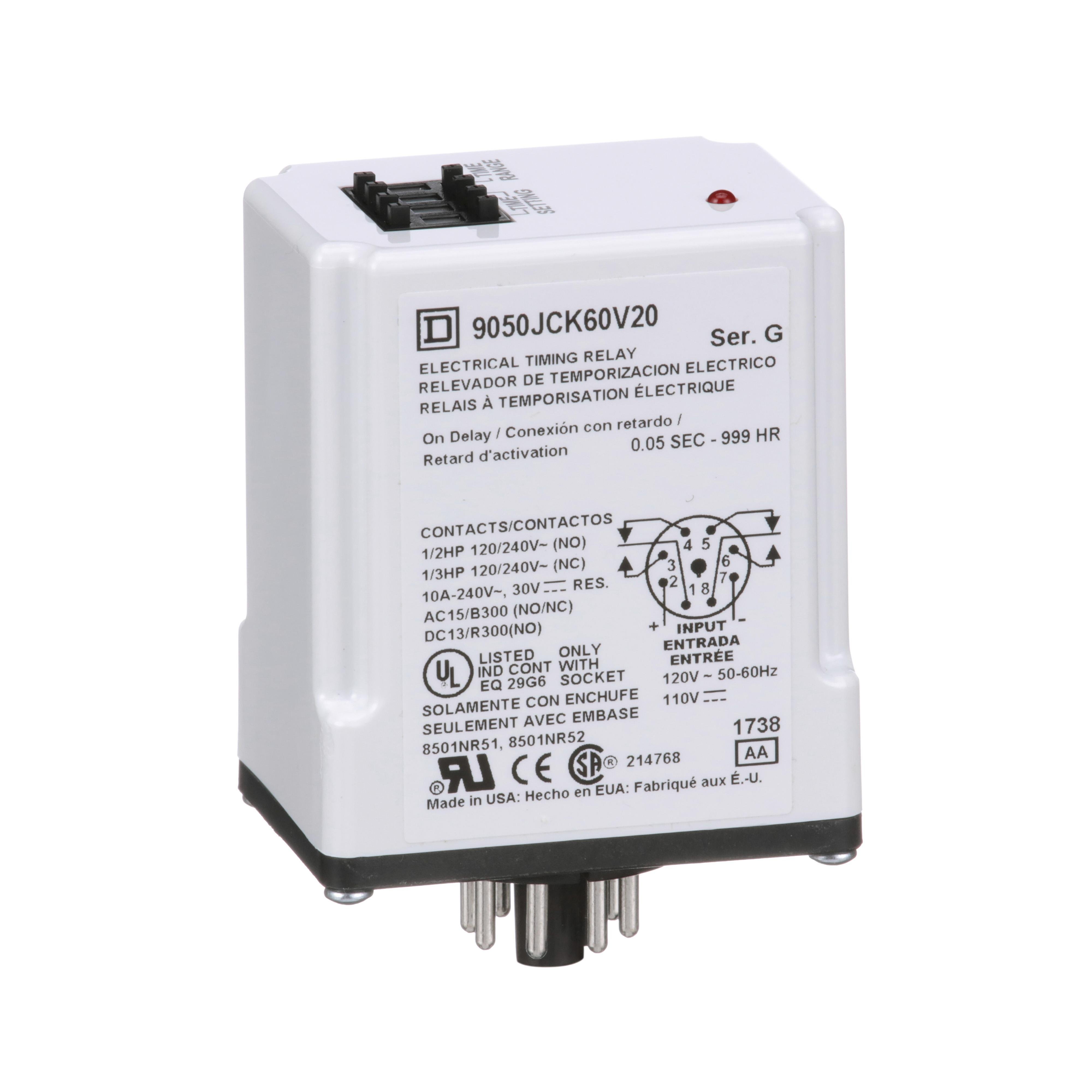 9050JCK60V20 - Timing Relay, Type JCK, plug In, on delay, programmable, 0.5 second to 999 hours, 10A, 240 VAC, 120 VAC/110 VDC