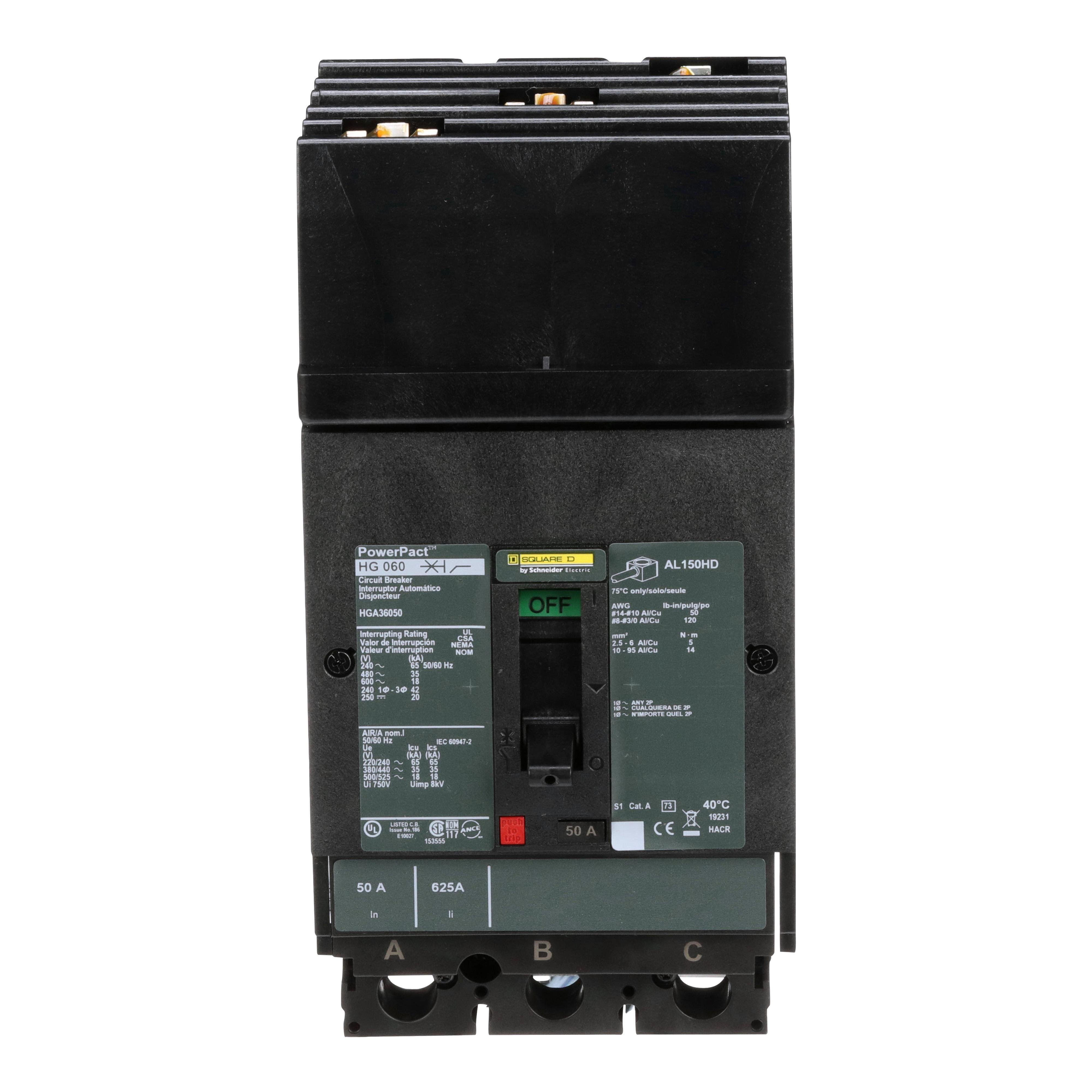 Picture of HGA36050 - Circuit breaker, PowerPacT H, 50A, 3 pole, 600VAC, 18kA, I-Line, thermal magnetic, 80%, ABC