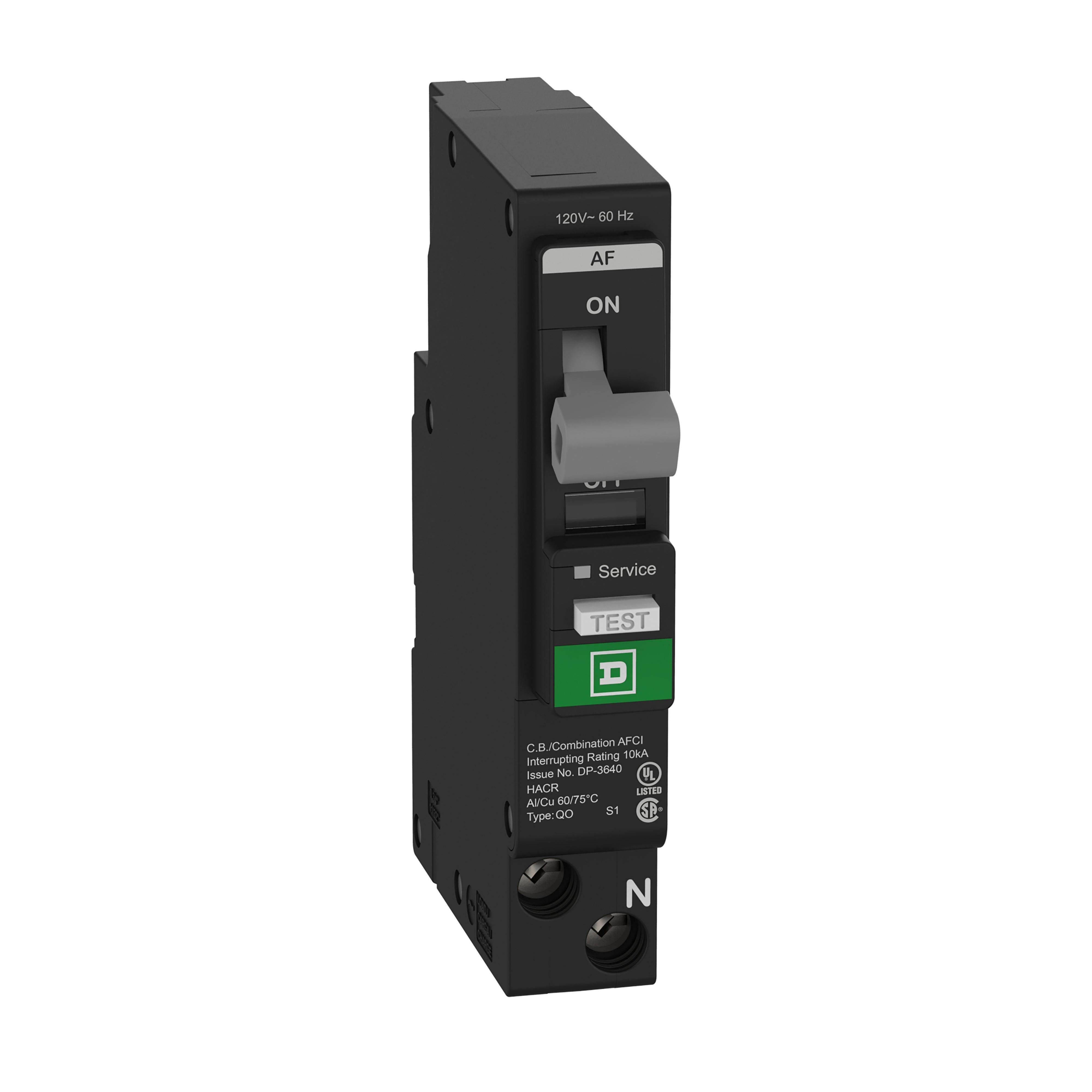 Picture of QO115PAF - Mini circuit breaker, QO, 15A, 1 pole, 120VAC, 10kA, combo arc fault, plug on neutral, plug in mount, UL listed