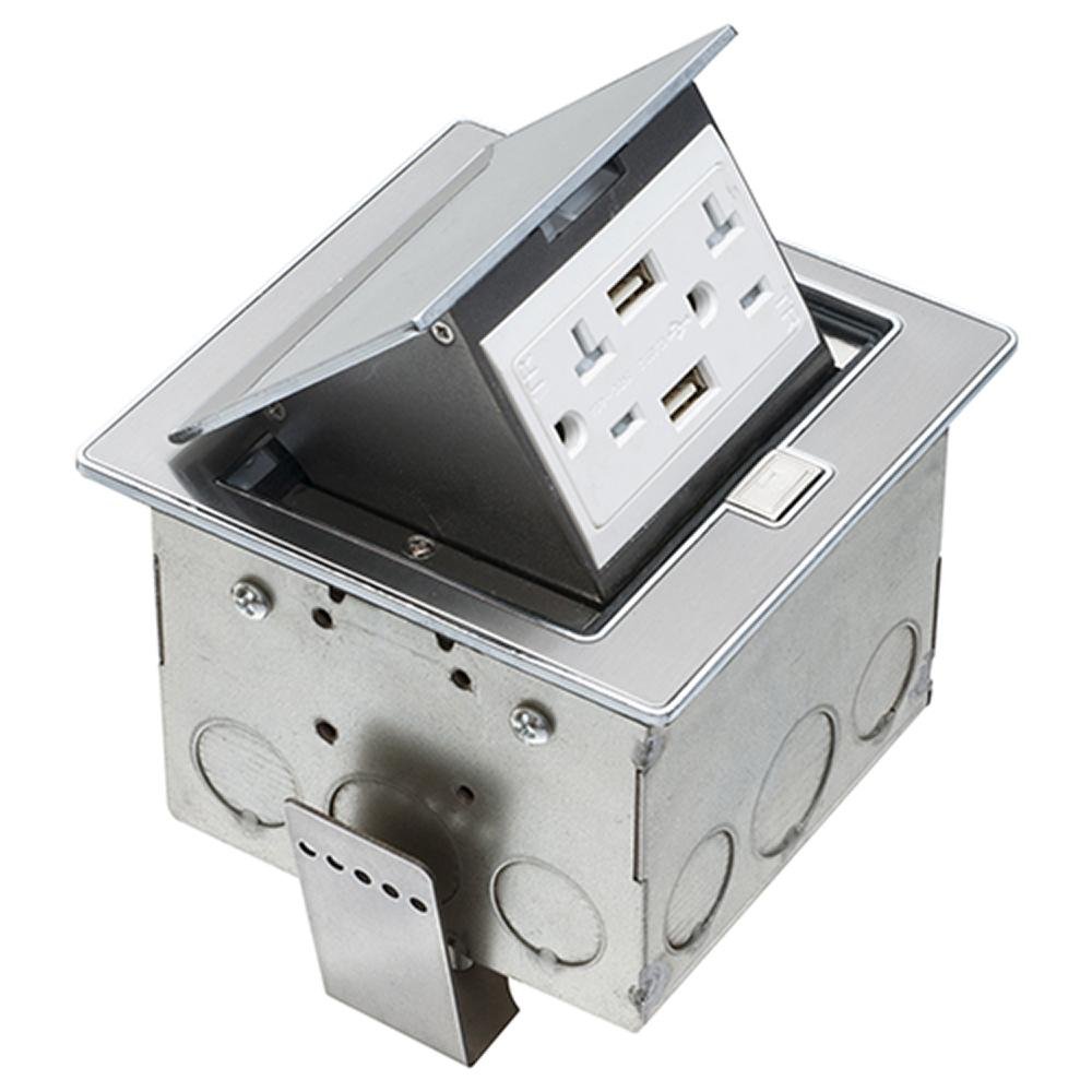 FLBT4400USS - Square Stainless steel counter top box. Comes with a 20 amp tamper resistant decorator style receptacle with (2) USB ports.