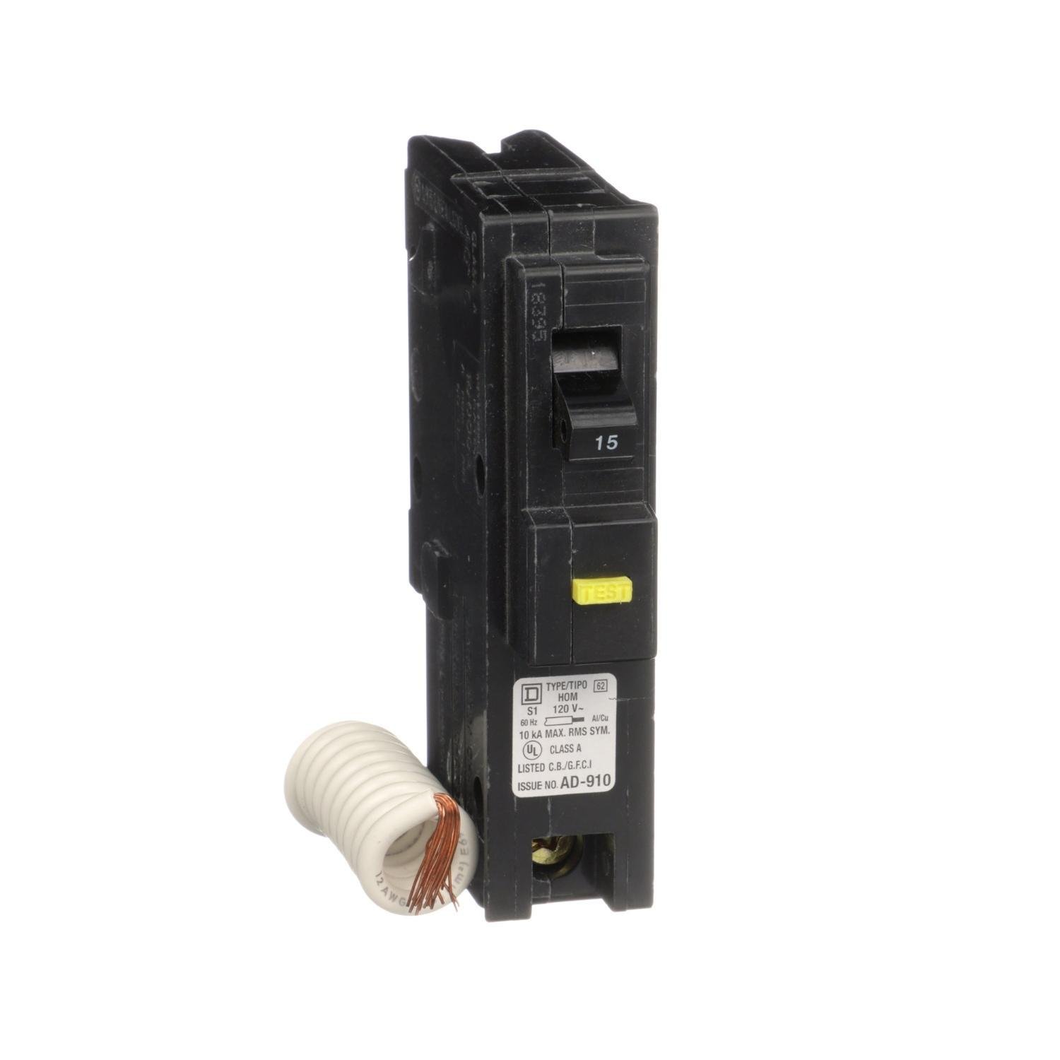 HOM115GFI - [TAA] Mini circuit breaker, Homeline, 15A, 1 pole, 120VAC, 10kA AIR, ground fault class A, plug in, UL