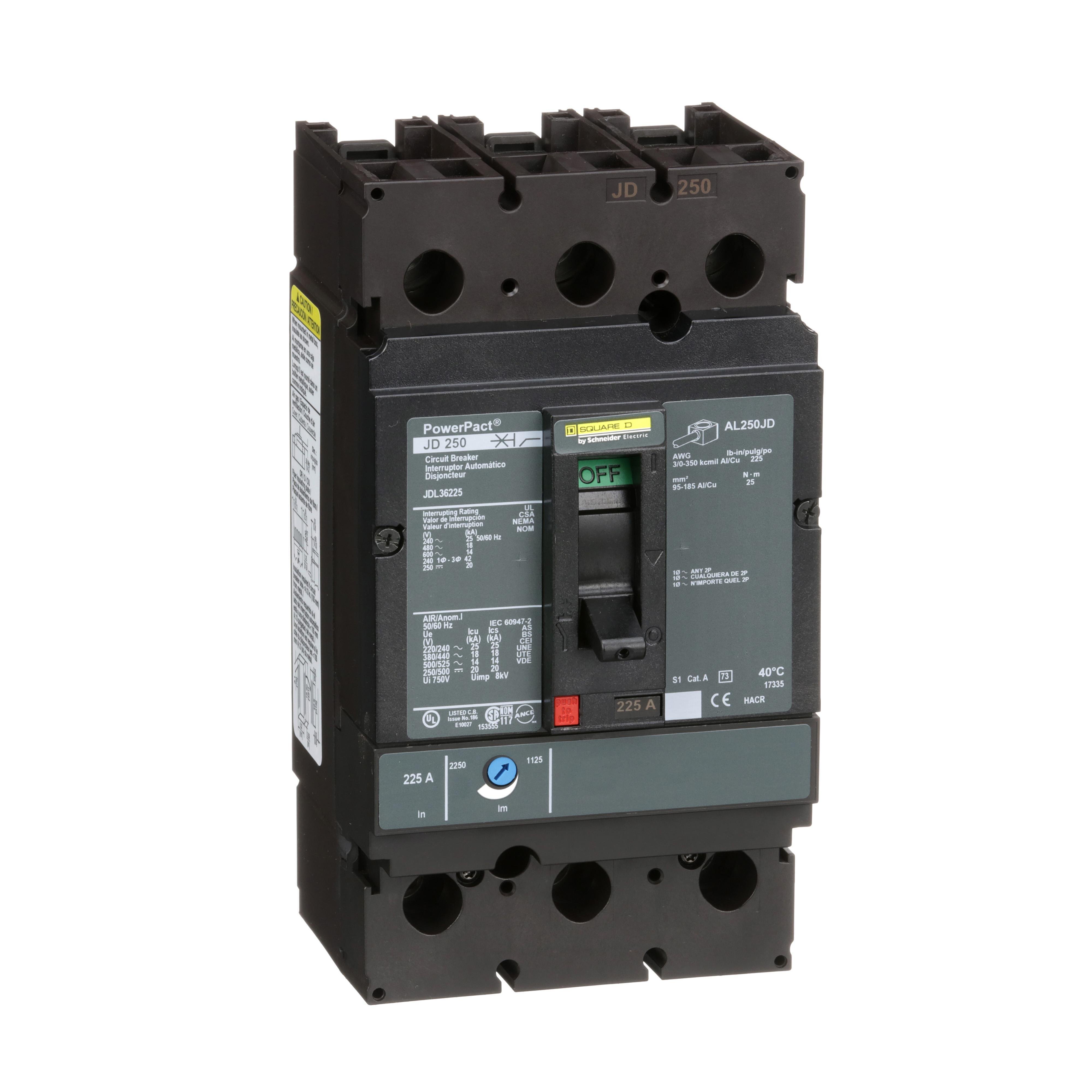 JDL36225 - Circuit breaker, PowerPacT J, 225A, 3 pole, 600VAC, 14kA, lugs, thermal magnetic, 80%