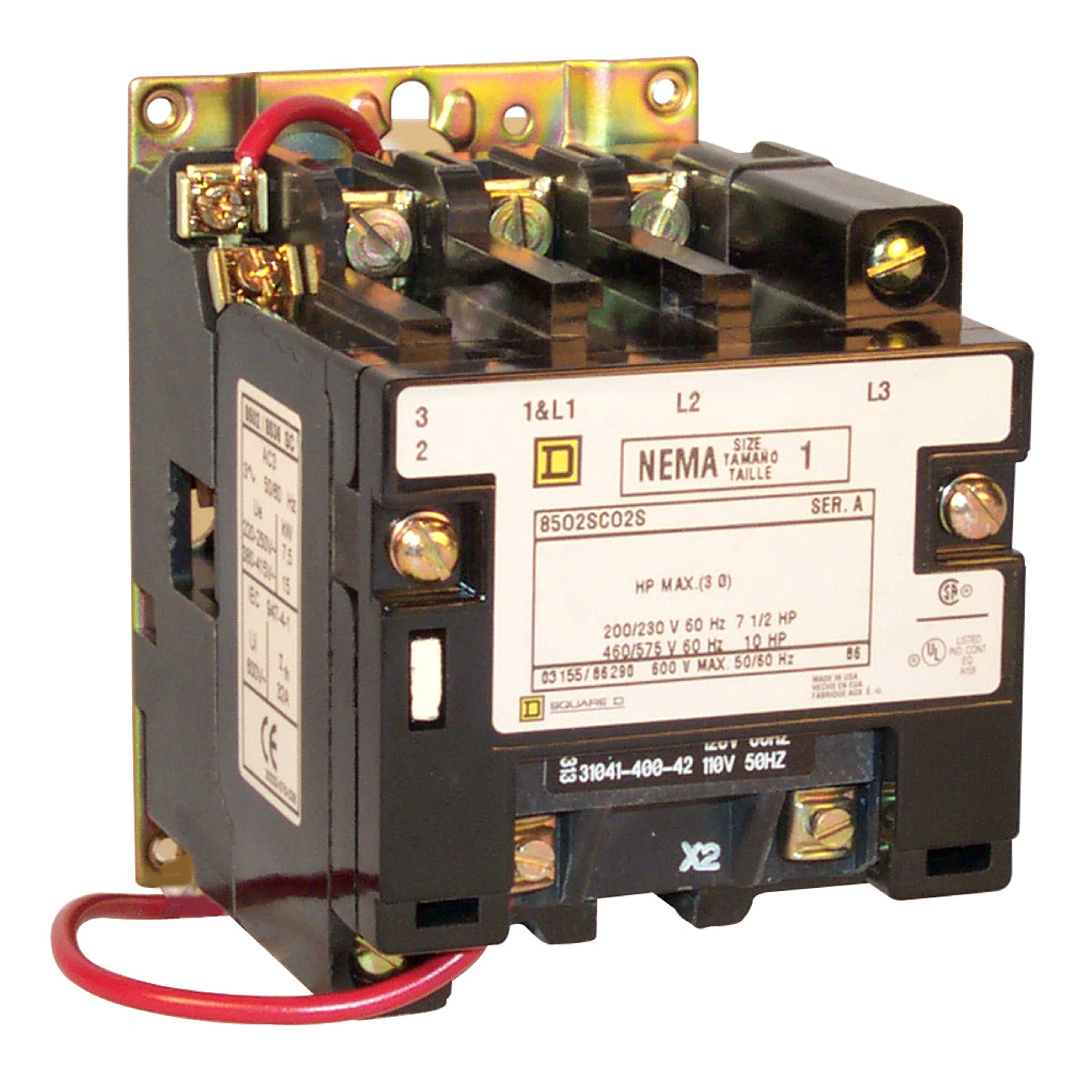8502SCO1V02S - NEMA Contactor, Type S, nonreversing, Size 1, 27A, 3HP at 230VAC, 1 phase, up to 100kA, 2 pole, 120VAC coil, open [TAA]