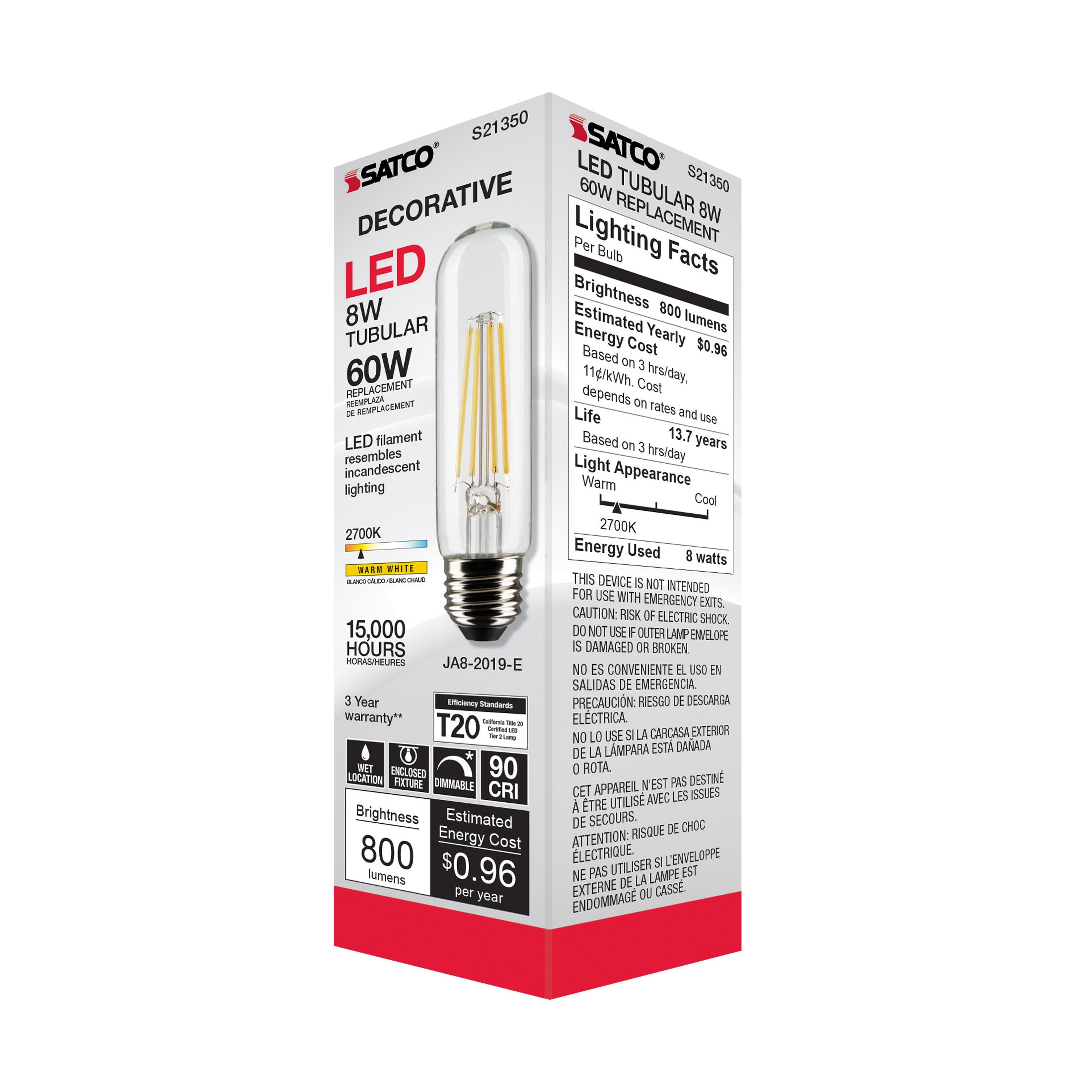 Picture of S21350 - 8 Watt T10 LED - Clear - Medium base - 90 CRI - 2700K - 120 Volt