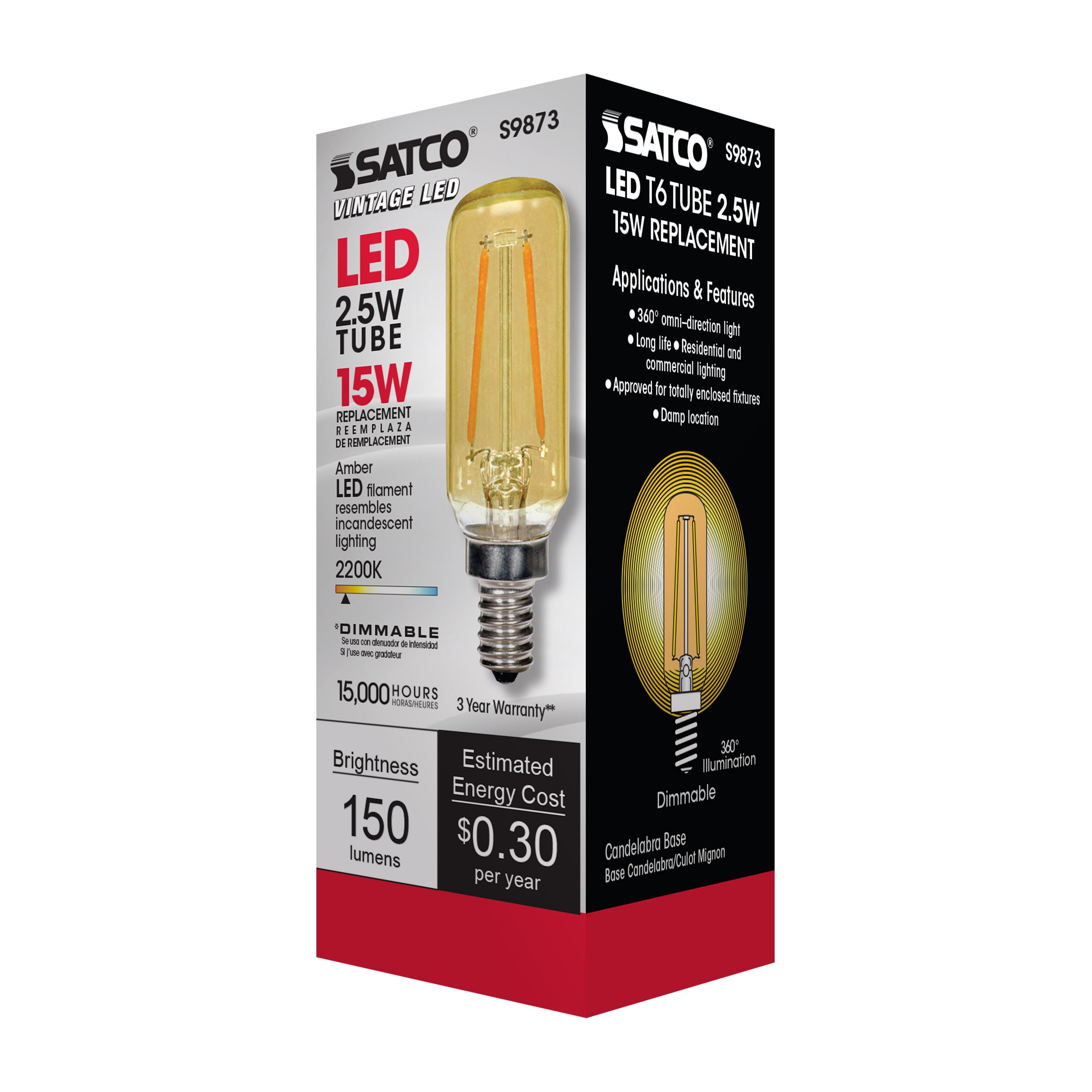 Picture of S9873 - 2.5 Watt T6 LED - Amber - Candelabra base - 2000K - 150 Lumens - 120 Volt
