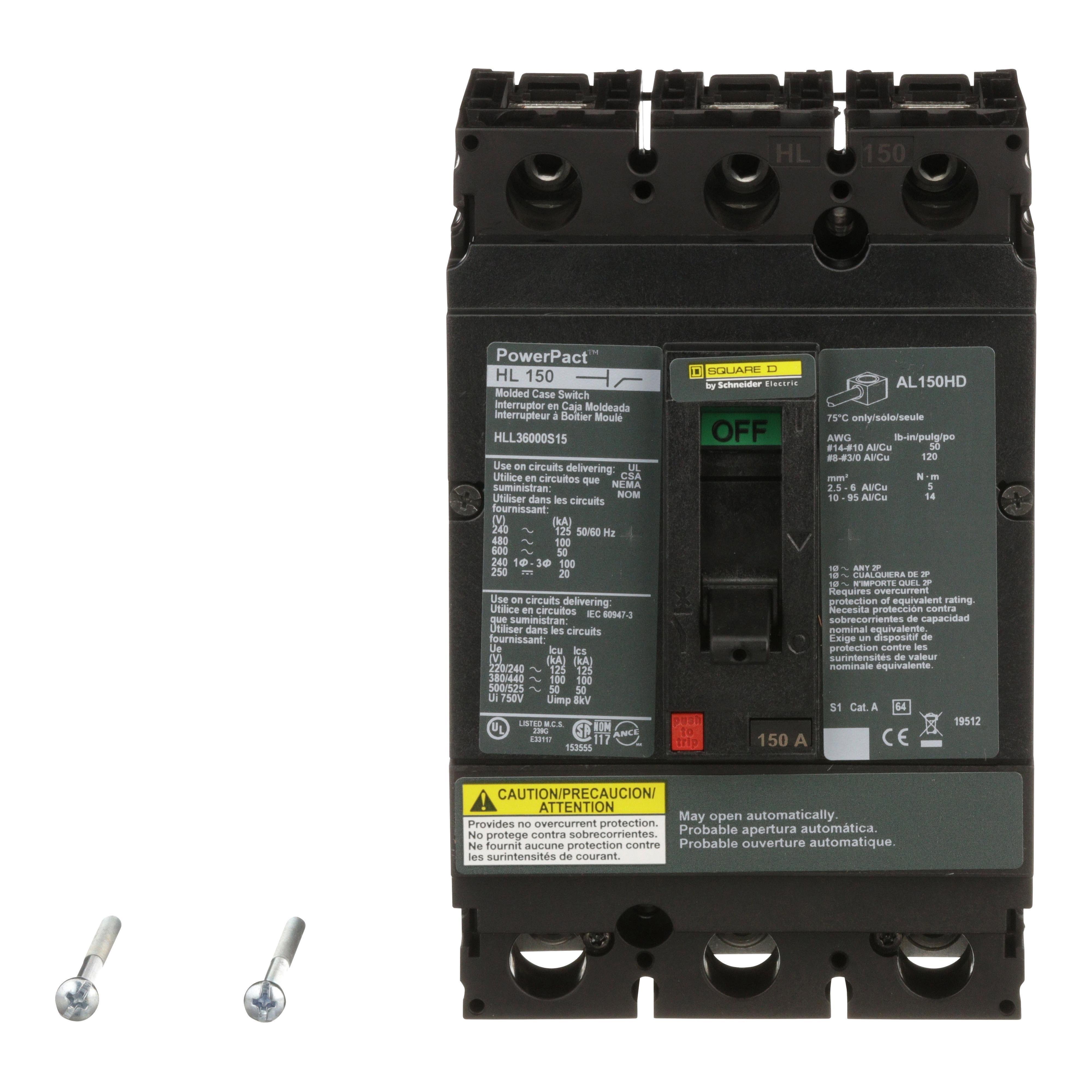 HLL36000S15 - Automatic switch, PowerPacT H, 150A, 3 pole, 600VAC, 50kA, lugs, magnetic