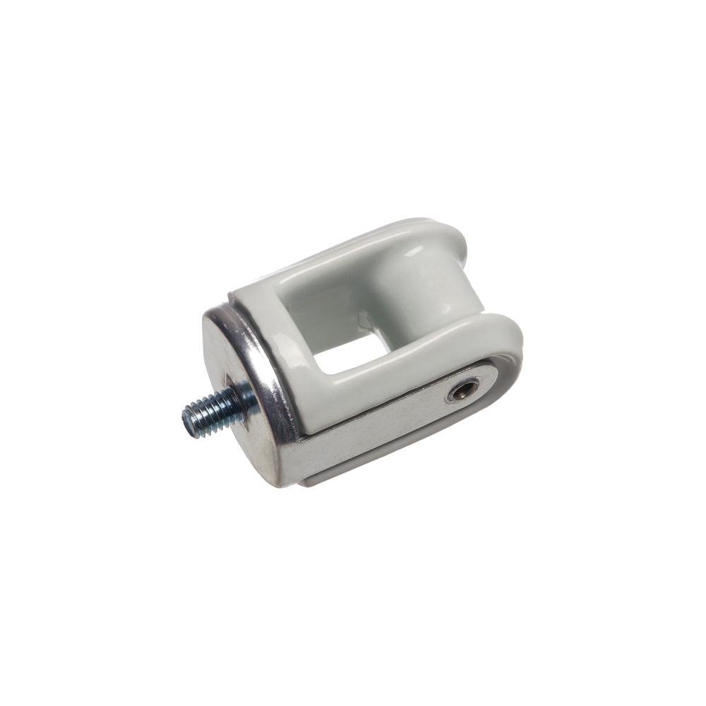 617 - Porcelain and Galvanized Steel wire holder with rivited screw through head. Screw Size - 3/8" x 1/2" machine screw. Rivet strap on