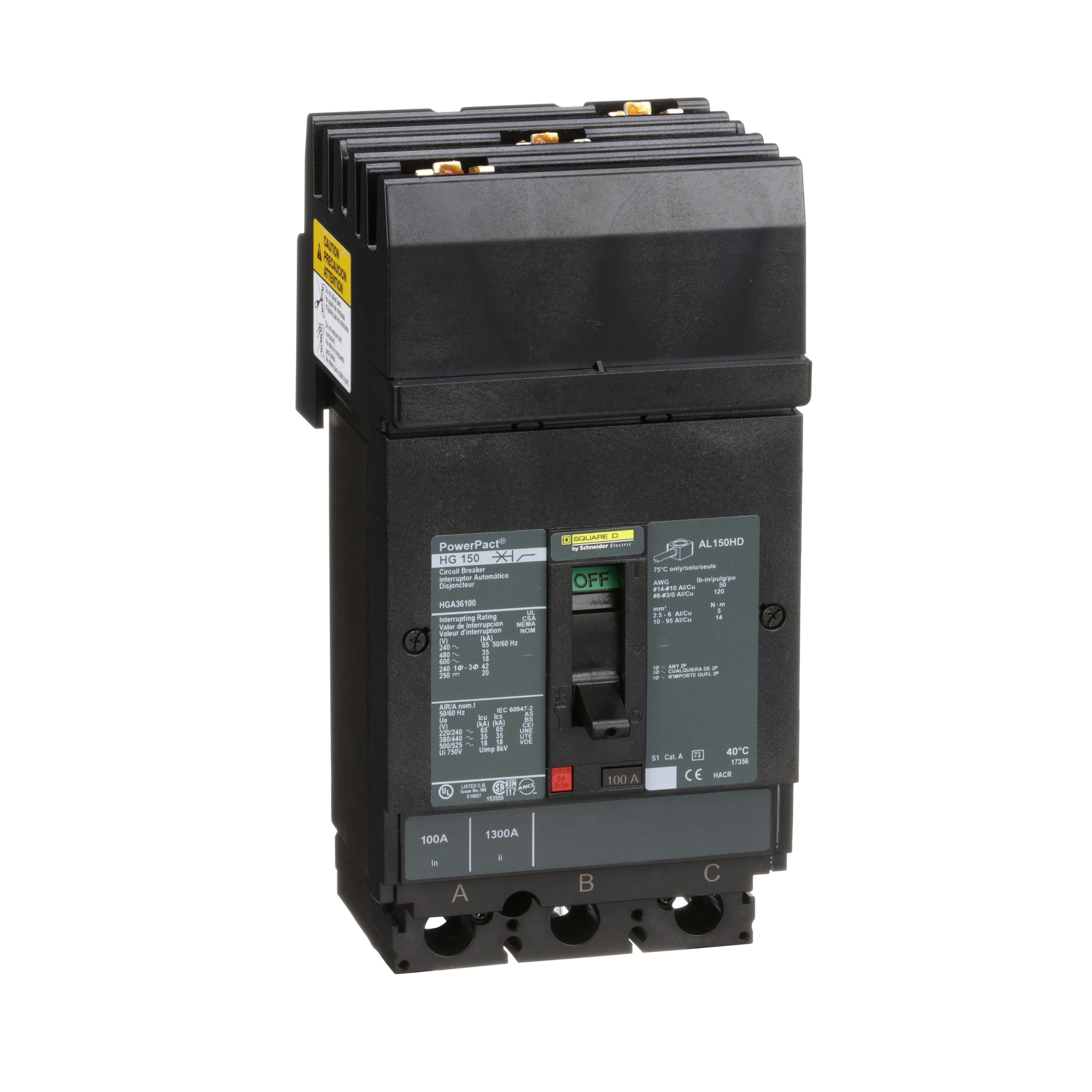 HGA36100 - Circuit breaker, PowerPacT H, 100A, 3 pole, 600VAC, 18kA, I-Line, thermal magnetic, 80%, ABC
