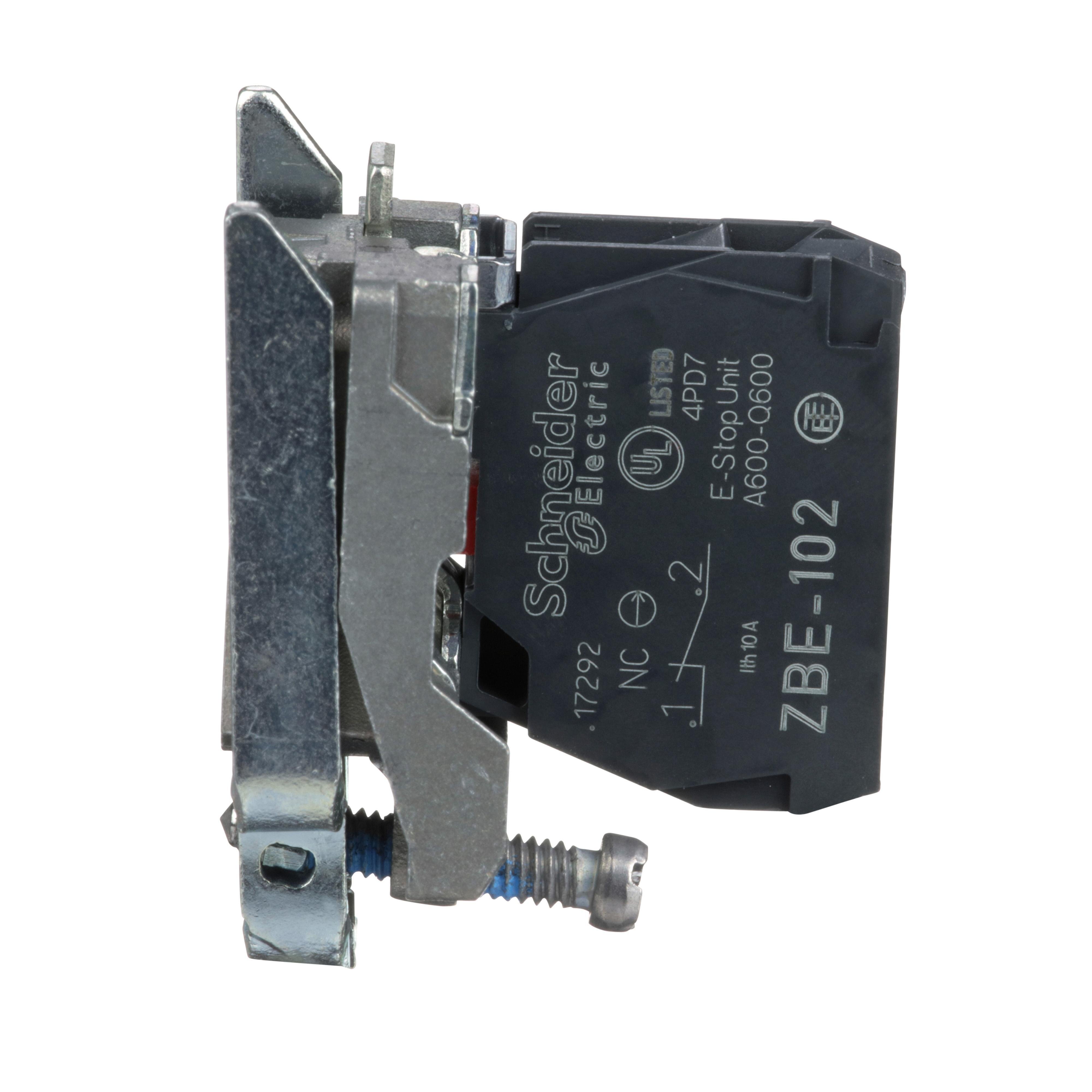Picture of ZB4BZ102 - Harmony, 22mm Push Button, XB4B operators, contact block, with mounting collar, 1 NC, screw clamp terminal
