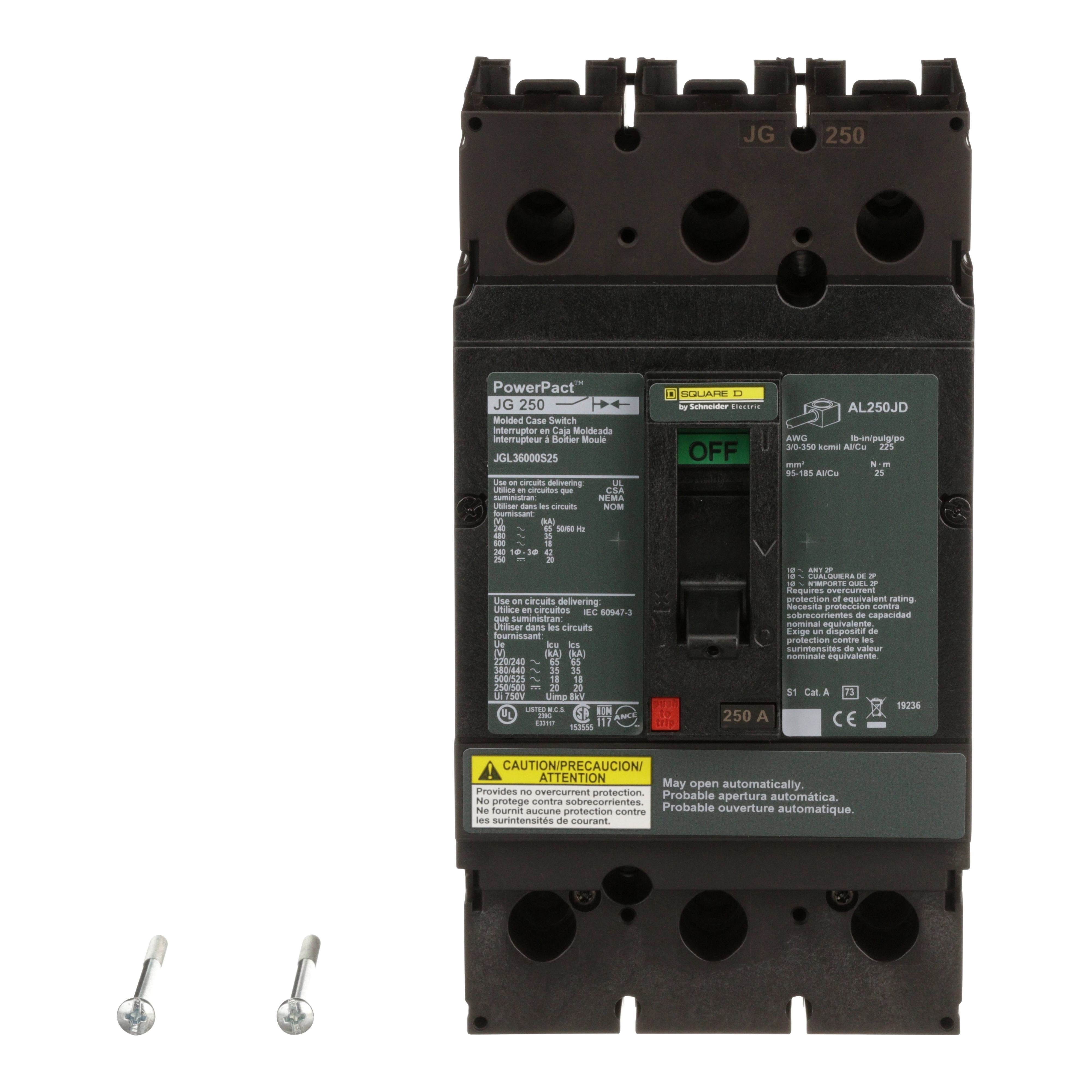 Picture of JGL36000S25 - Automatic switch, PowerPacT J, 250A, 3 pole, 600VAC, 18kA, lugs, magnetic