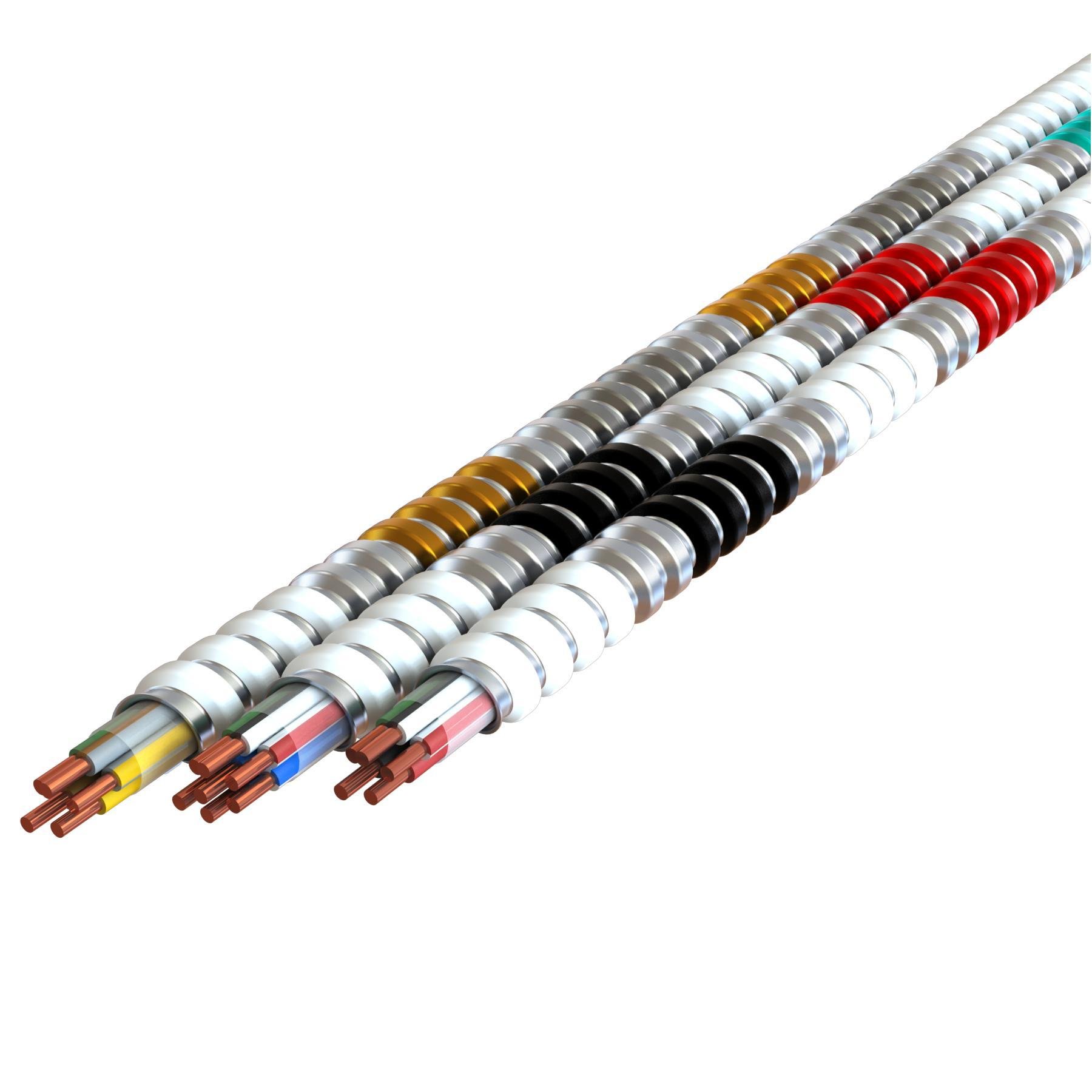 3907-42-00 - 10-2/10-2/10-1 BK RD WE/BK WE/RD GN MC Plus®, White Interlocked Galvanized Steel Armor with phase ID, 250' Coil, Type MC - Neutral Per Phase