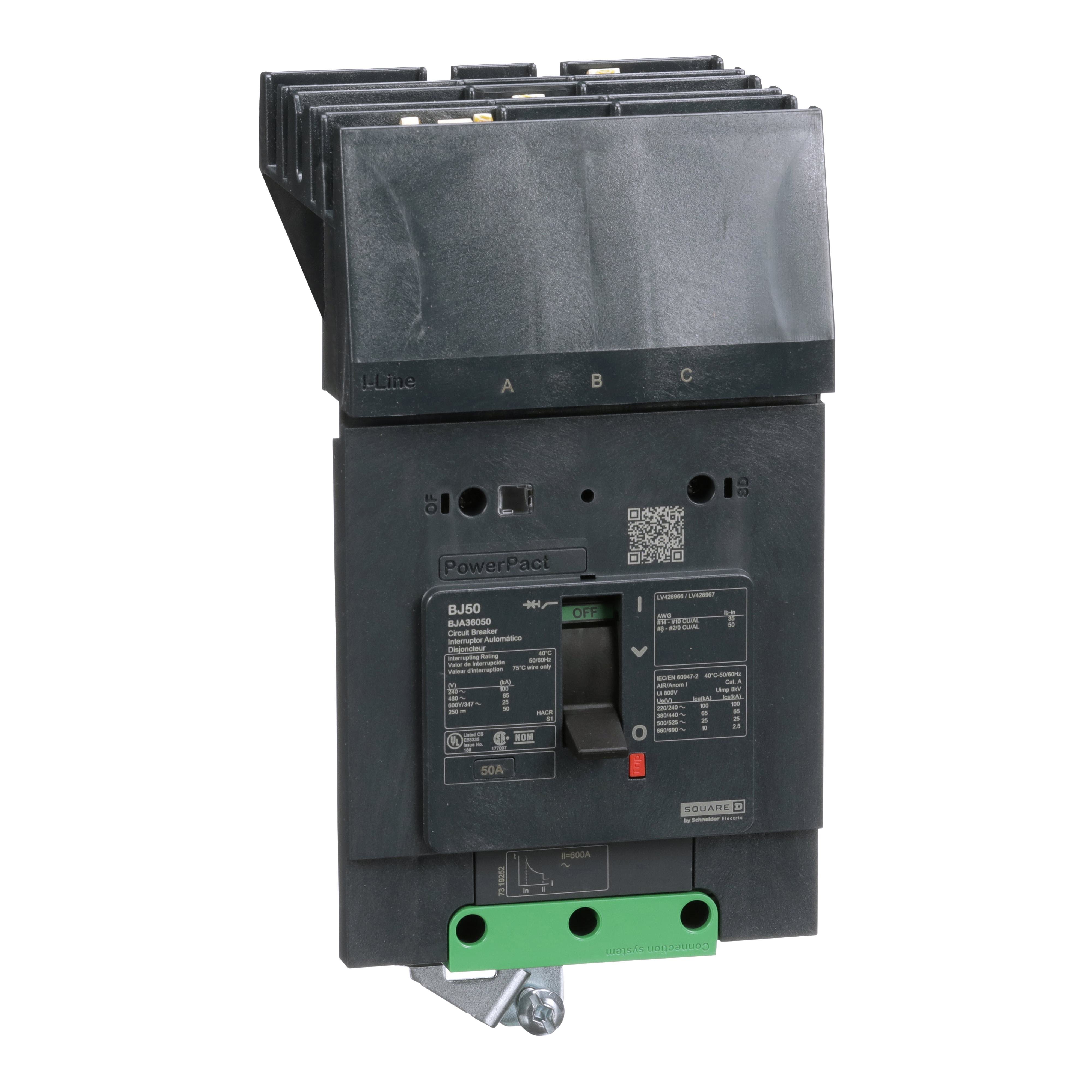 BJA36050 - Circuit breaker, PowerPacT B, 50A, 3 pole, 600Y/347VAC, 25kA, I-Line, thermal magnetic, 80%, ABC