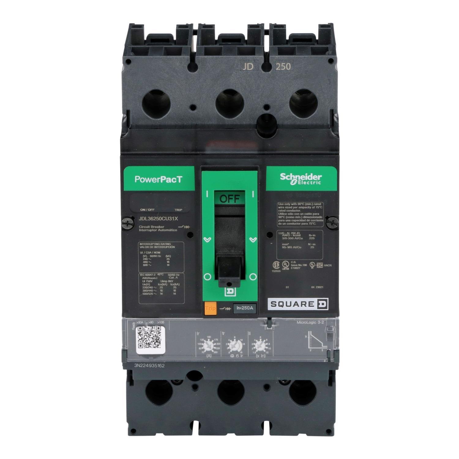 JDL36250CU31X - Circuit breaker, PowerPacT J, 250A, 3 pole, 600VAC, 14kA, lugs, Micrologic 3.2, 100%