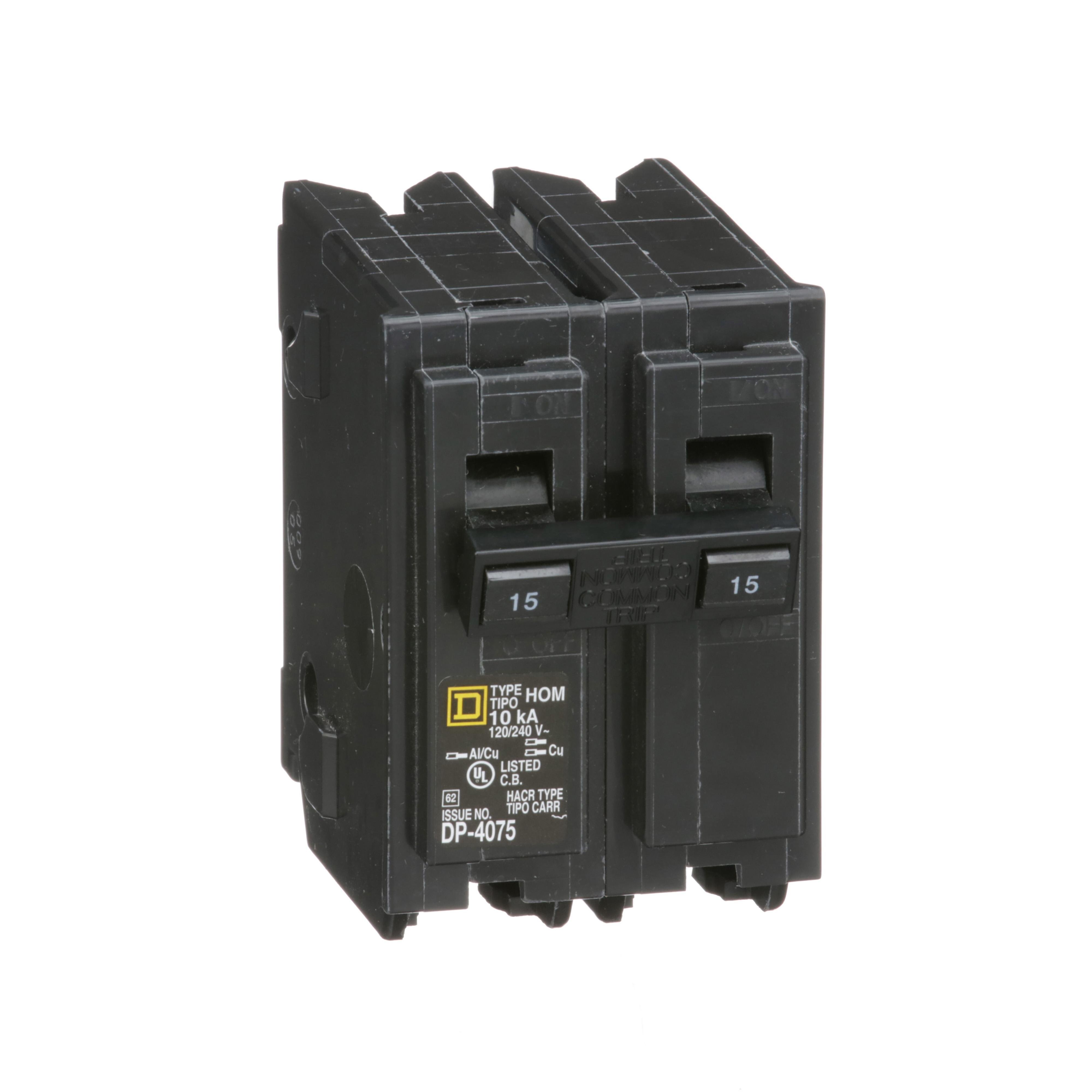 HOM215 - Mini circuit breaker, Homeline, 15A, 2 pole, 120/240VAC, 10kA AIR, standard type, plug in, UL