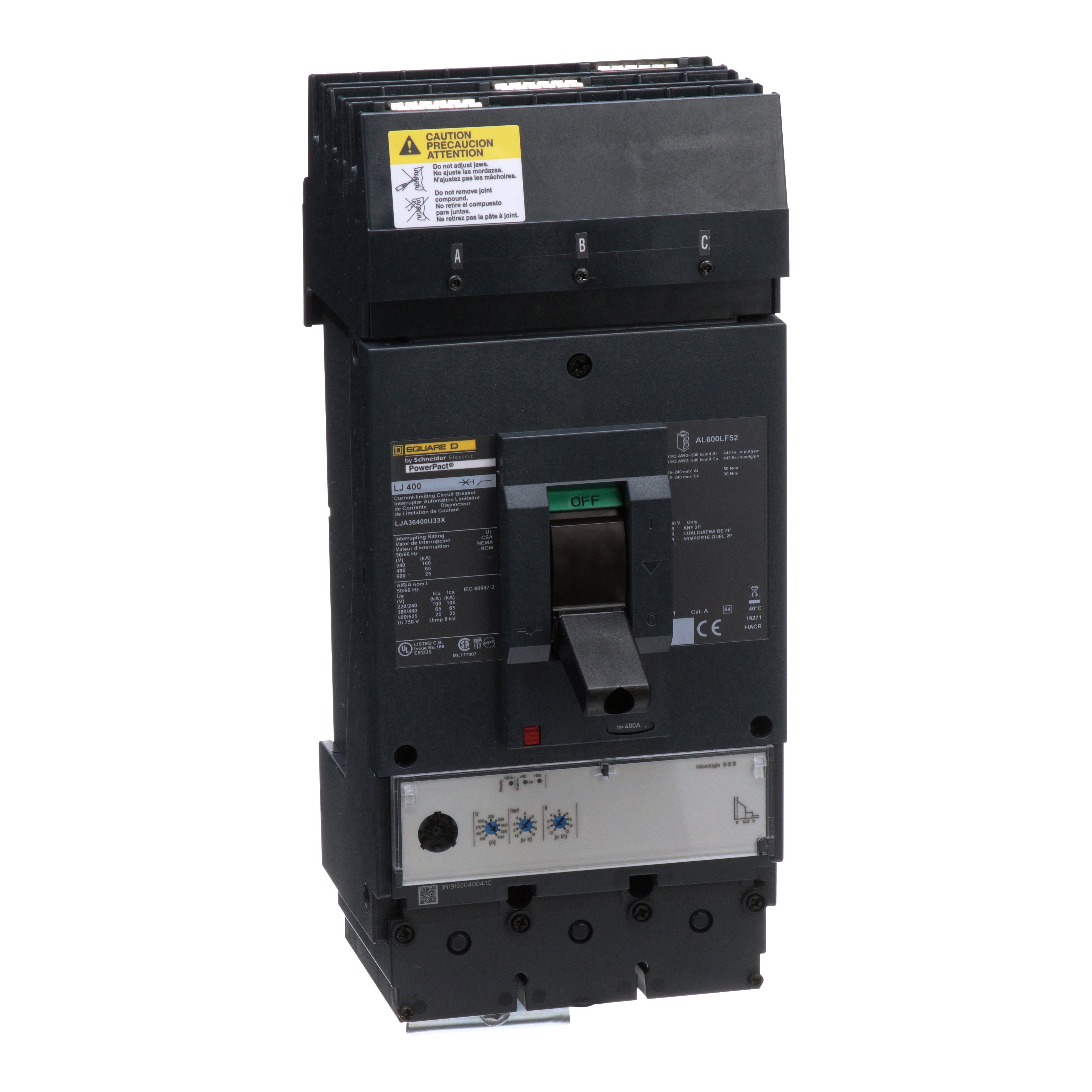 LJA36400U33X - Circuit breaker, PowerPacT L, 400A, 3 pole, 600VAC, 25kA, I-Line, MicroLogic 3.3S, 80%, ABC