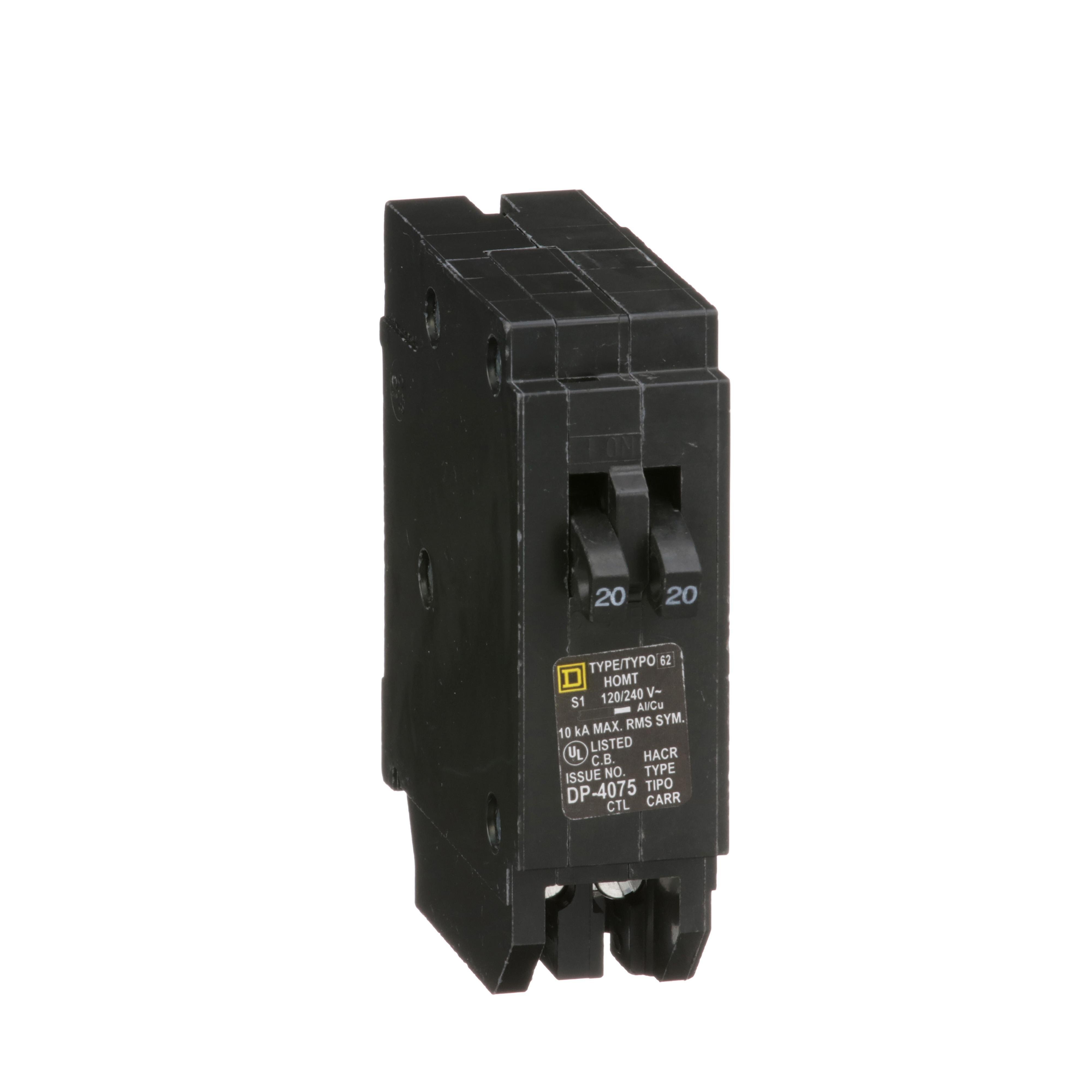 HOMT2020 - Tandem circuit breaker, Homeline, 2 x 1 pole at 20A, 120/240VAC, 10kA AIR, plug in, UL