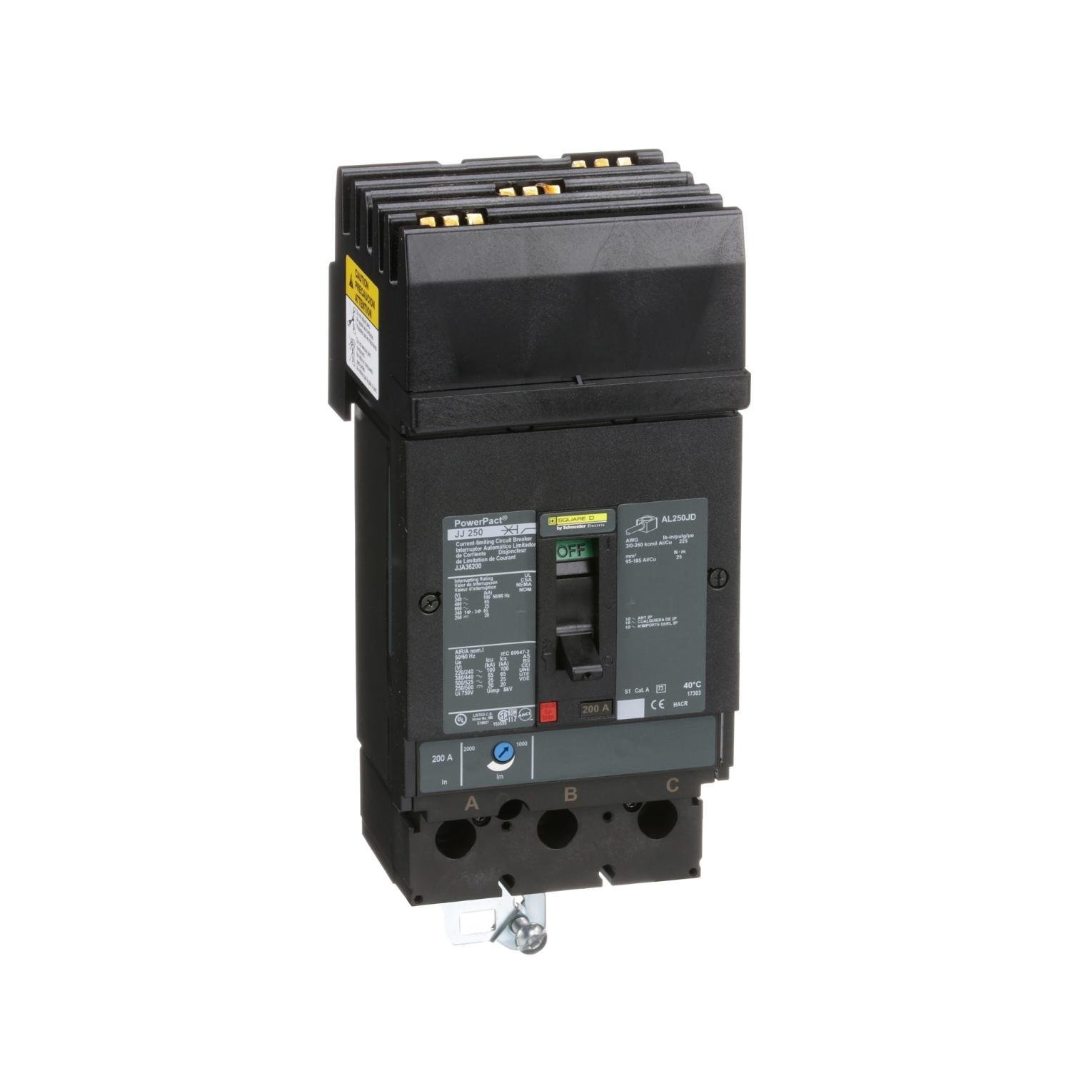 Picture of JJA36200 - Circuit breaker, PowerPacT J, 200A, 3 pole, 600VAC, 25kA, I-Line, thermal magnetic, 80%, ABC