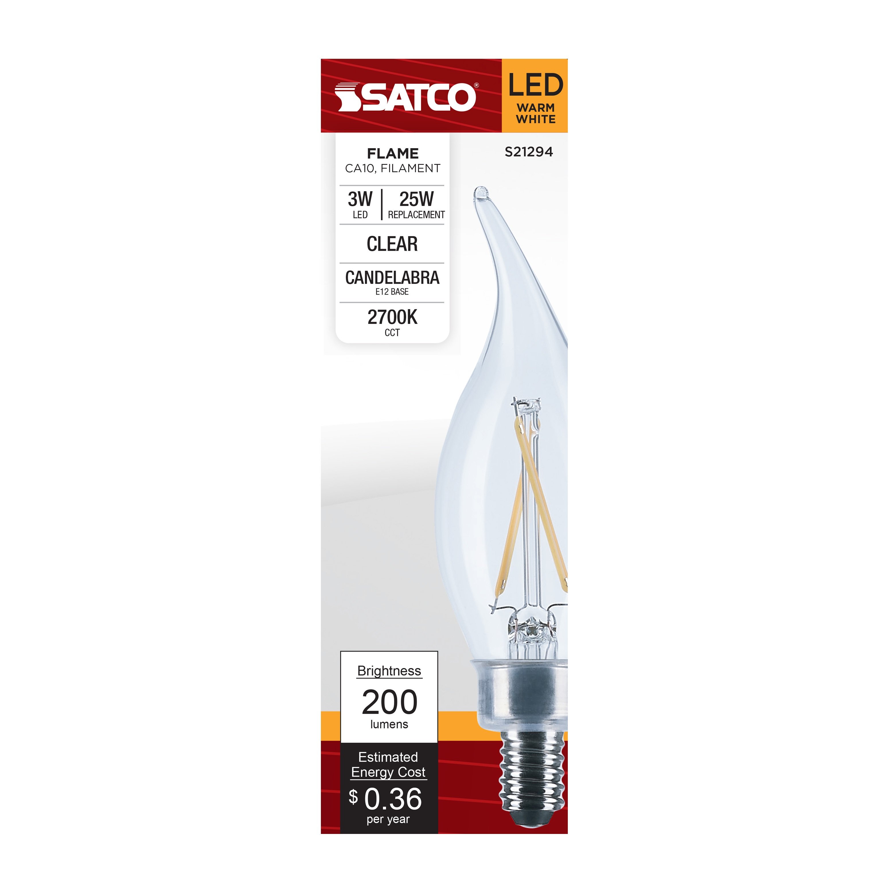 Picture of S21294 - 3 Watt CA10 LED - Clear - Candelabra base - 90 CRI - 2700K - 120 Volt