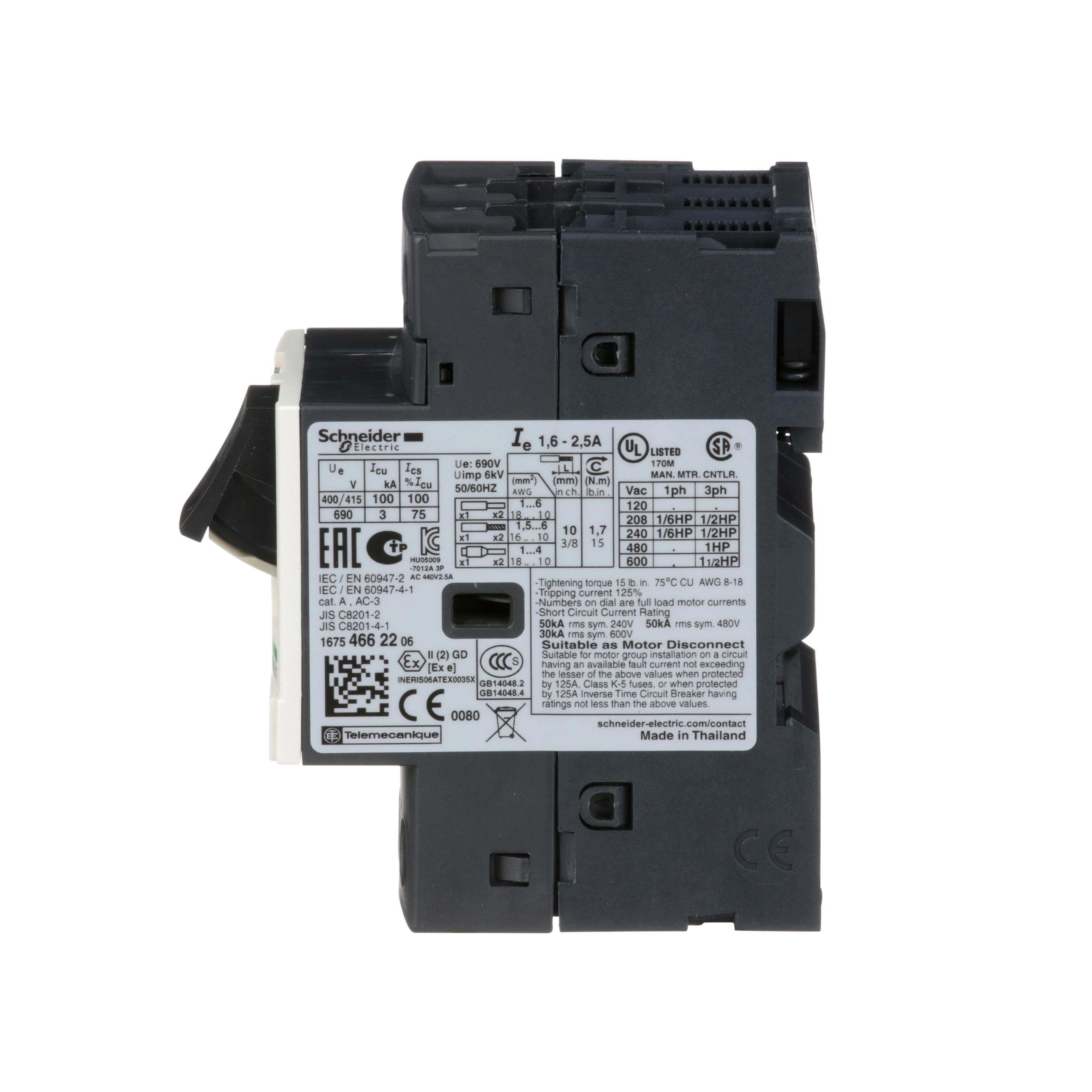 Picture of GV2ME07 - TeSys Deca Manual Starter and Protector, thermal magnetic circuit protector, push buttons, 1.6 to 2.5 A, screw clamp