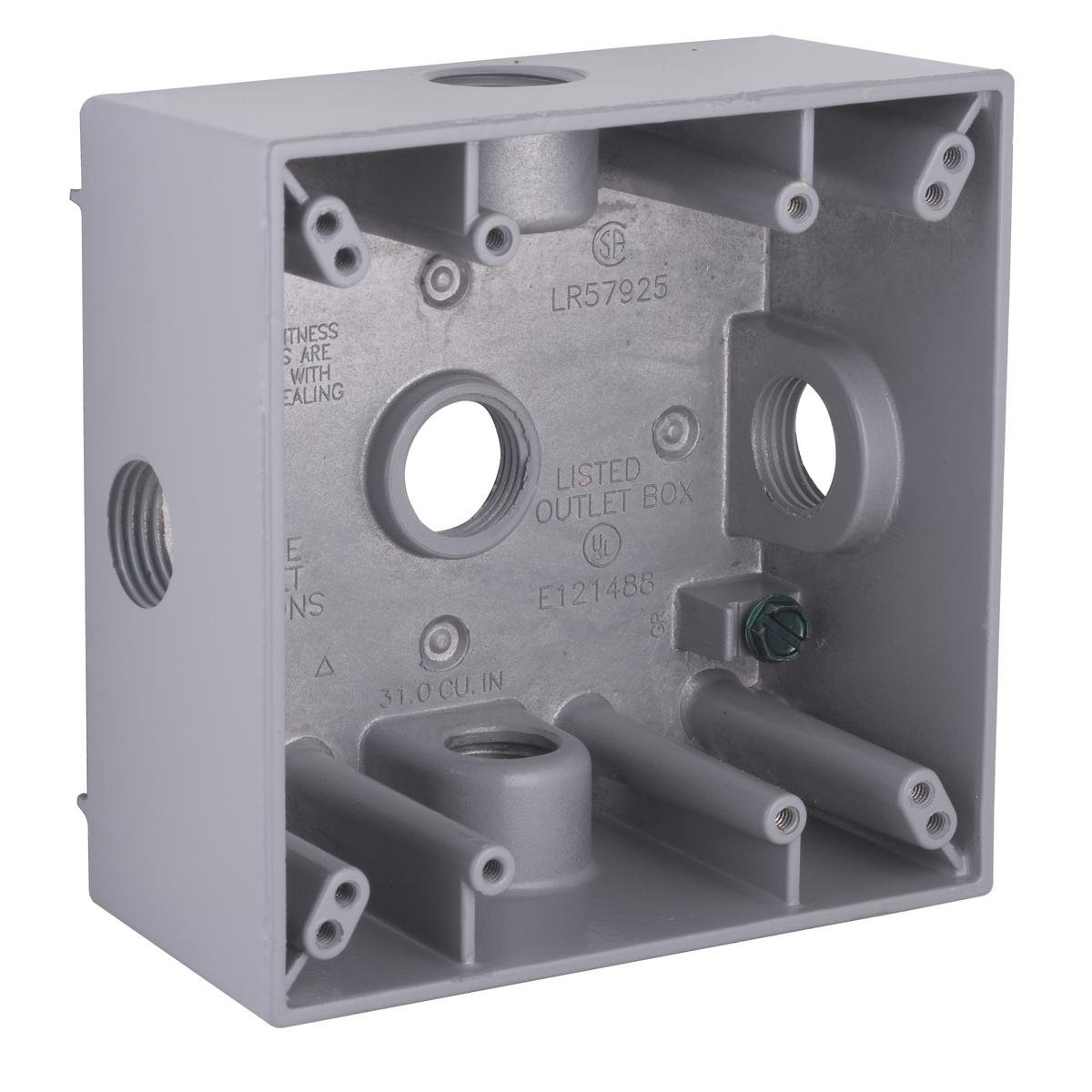 5334-0 - 2-Gang Weatherproof Box, Five 1/2 in. Threaded Outlets, Gray