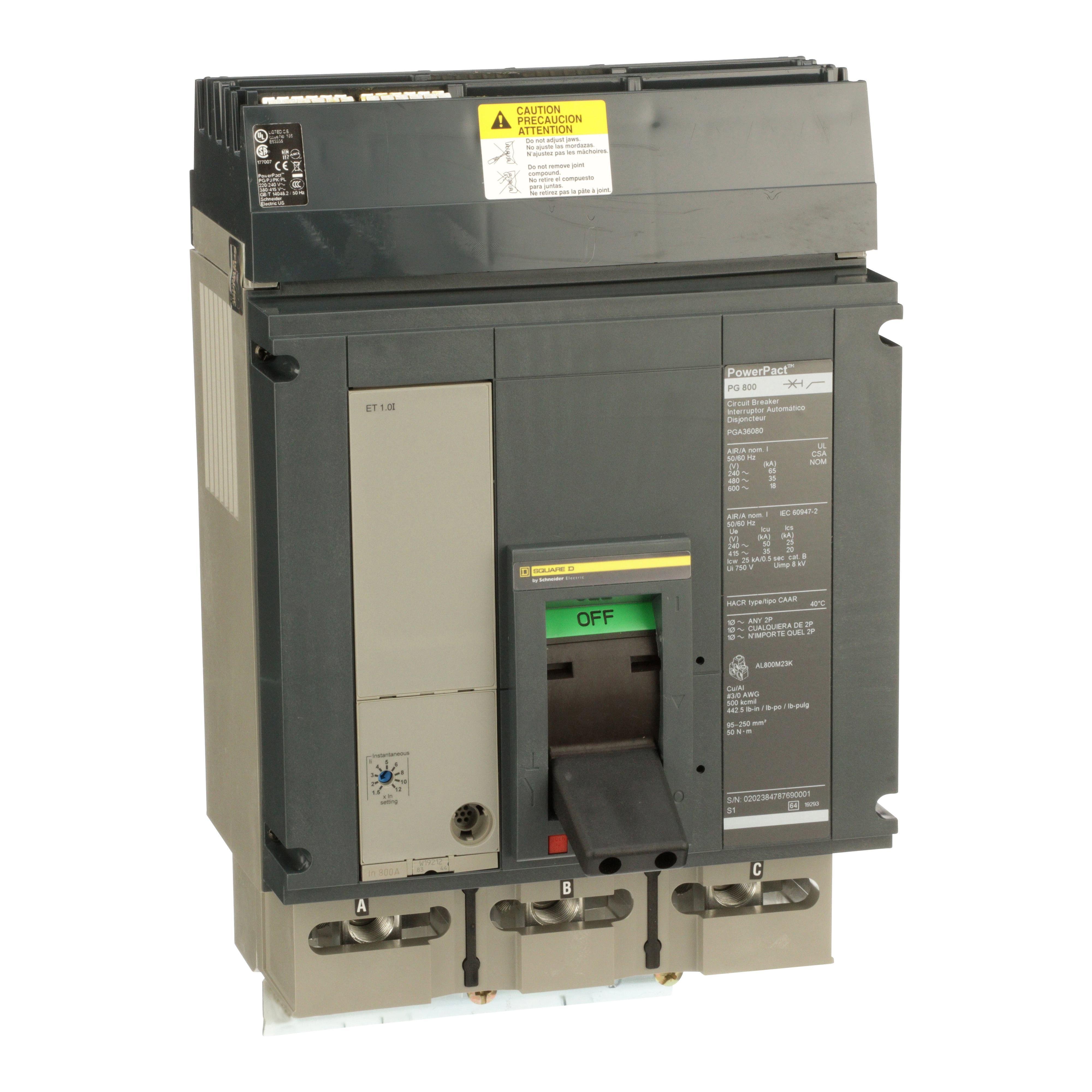 Picture of PGA36080 - Circuit breaker, PowerPacT P, 800A, 3 pole, 600VAC, 18kA, I-Line, ET1.0l, 80%, ABC