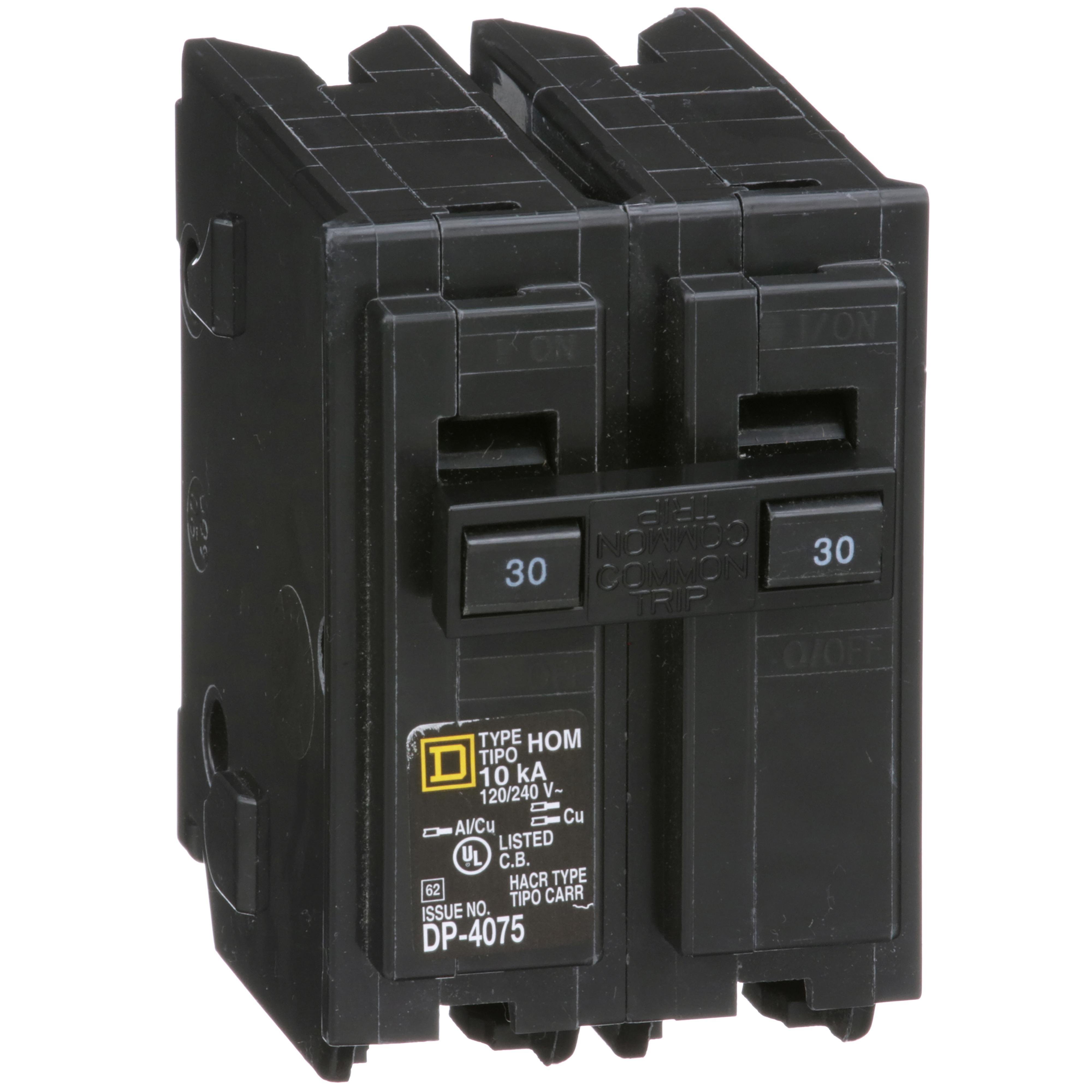 Picture of HOM2305219 - Mini circuit breaker, Homeline, 30A, 2 pole, 120/240VAC, 10kA AIR, standard type, plug in, high amp lug, UL