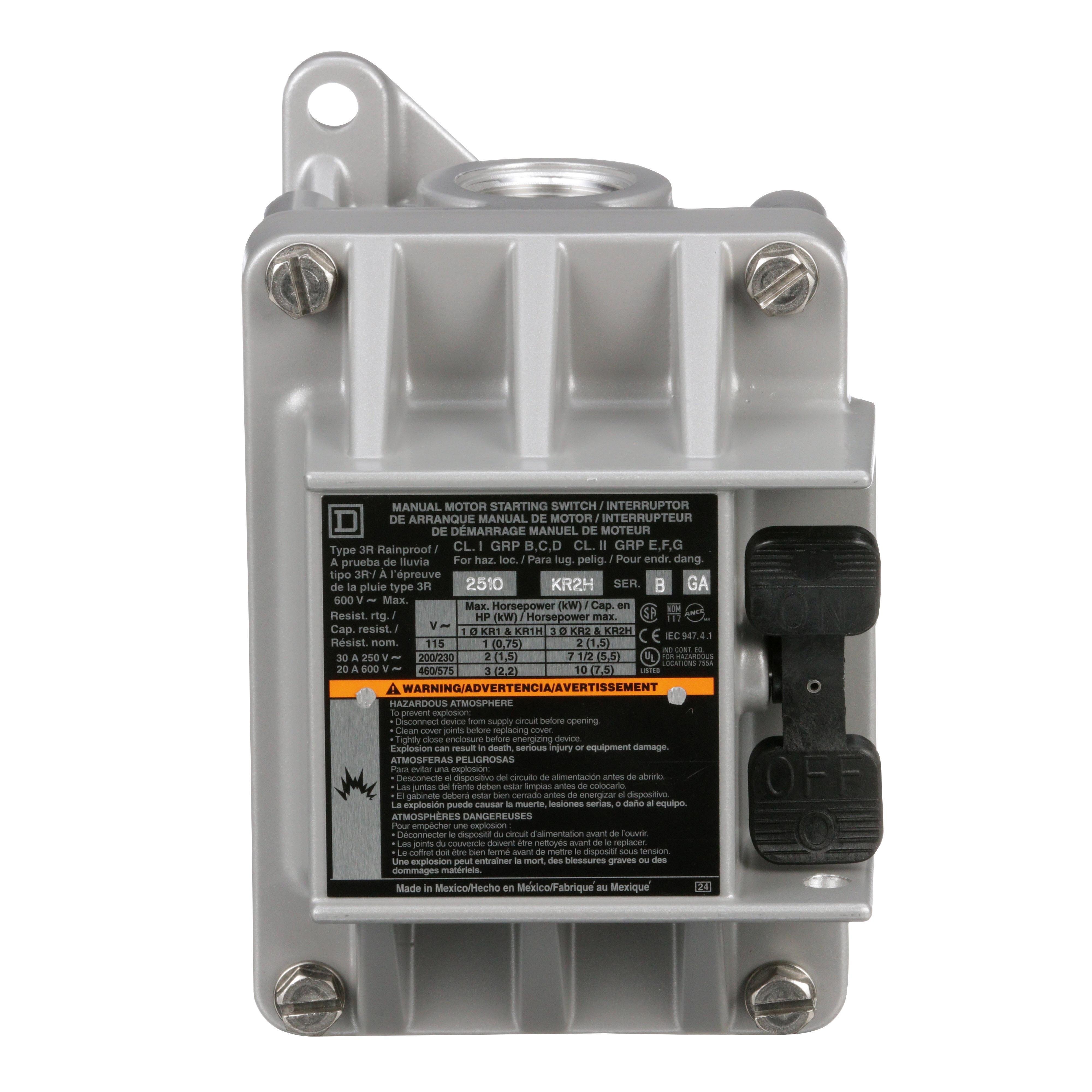 2510KR2H - Switch, manual, 30A, 3 pole, 10 HP at 575 VAC, three phase, toggle operated, no indicator, NEMA 7/9, two conduit opening