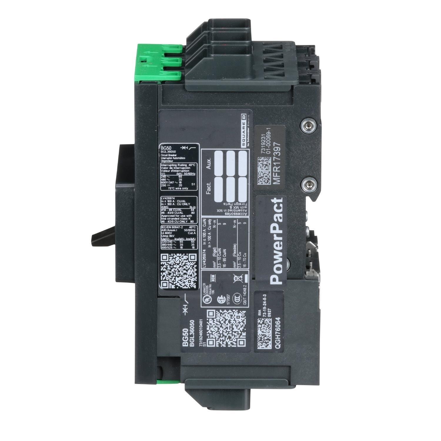 Picture of BGL36050 - Circuit breaker, PowerPacT B, 50A, 3 pole, 600Y/347VAC, 18kA, lugs, thermal magnetic, 80%