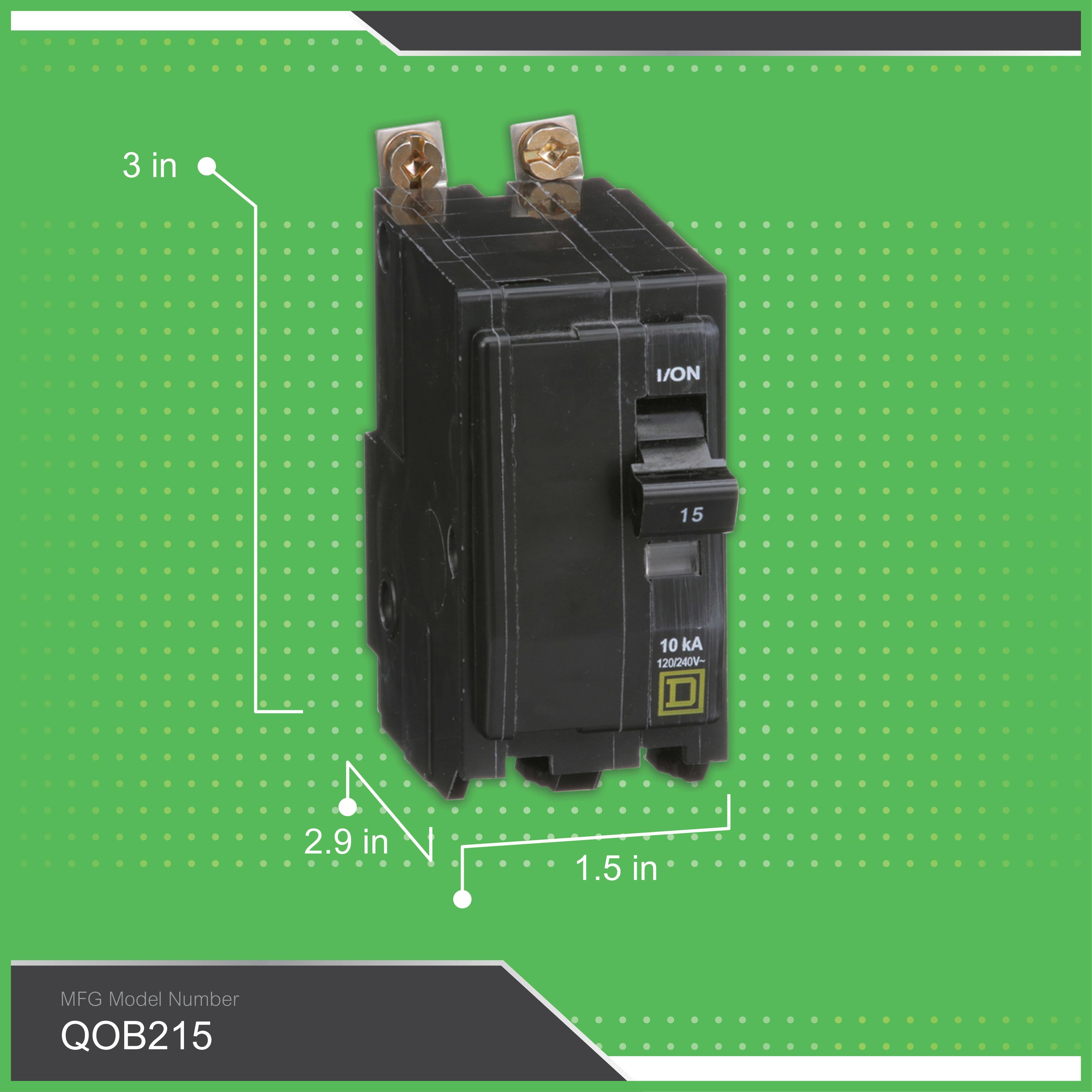 Picture of QOB215 - Mini circuit breaker, QO, 15A, 2 pole, 120/240VAC, 10kA, bolt on