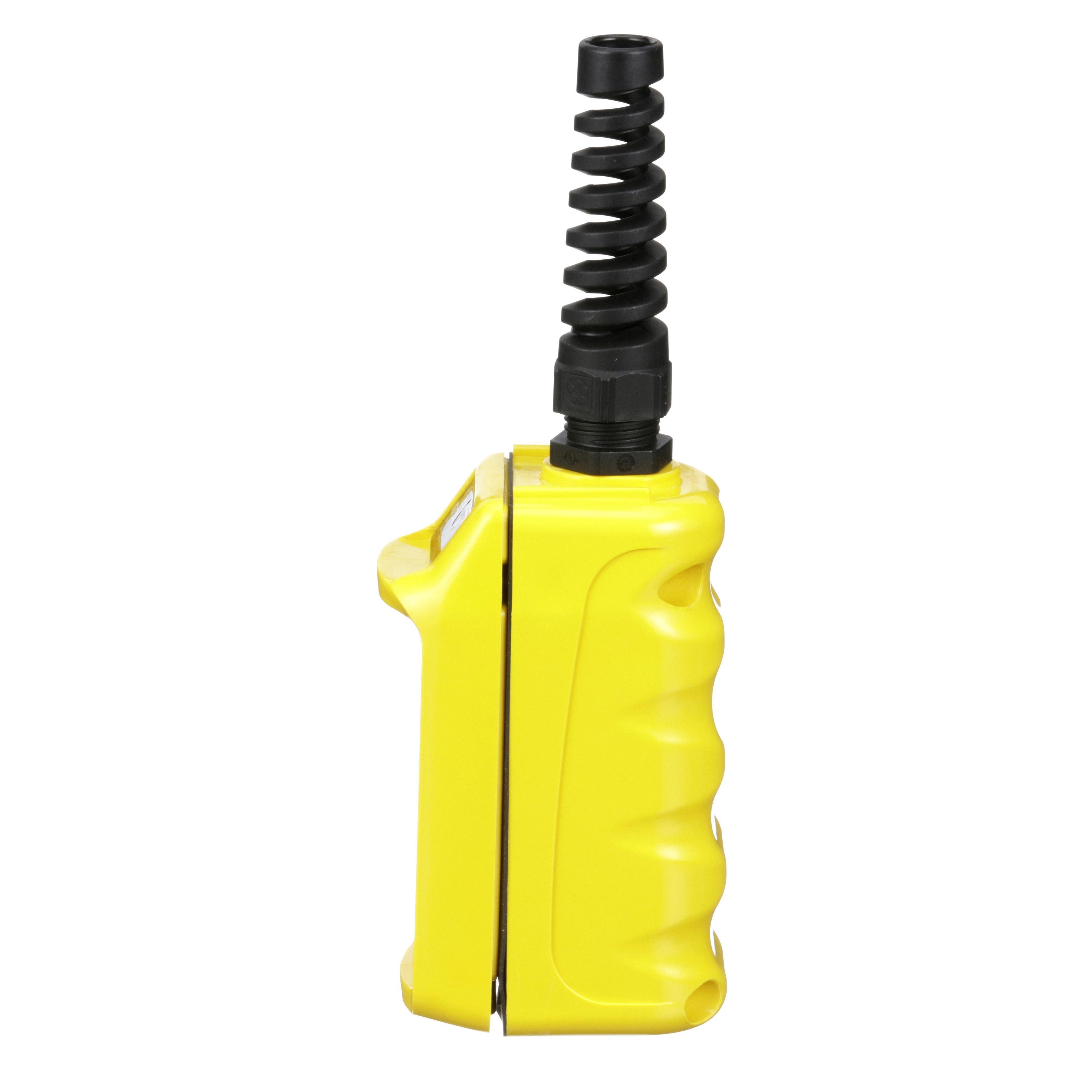 Picture of 9001BW92Y - Pendant Station, 2 mechanically interlocked push buttons, NO contacts, UP DOWN, yellow enclosure, 600 VAC 5 A