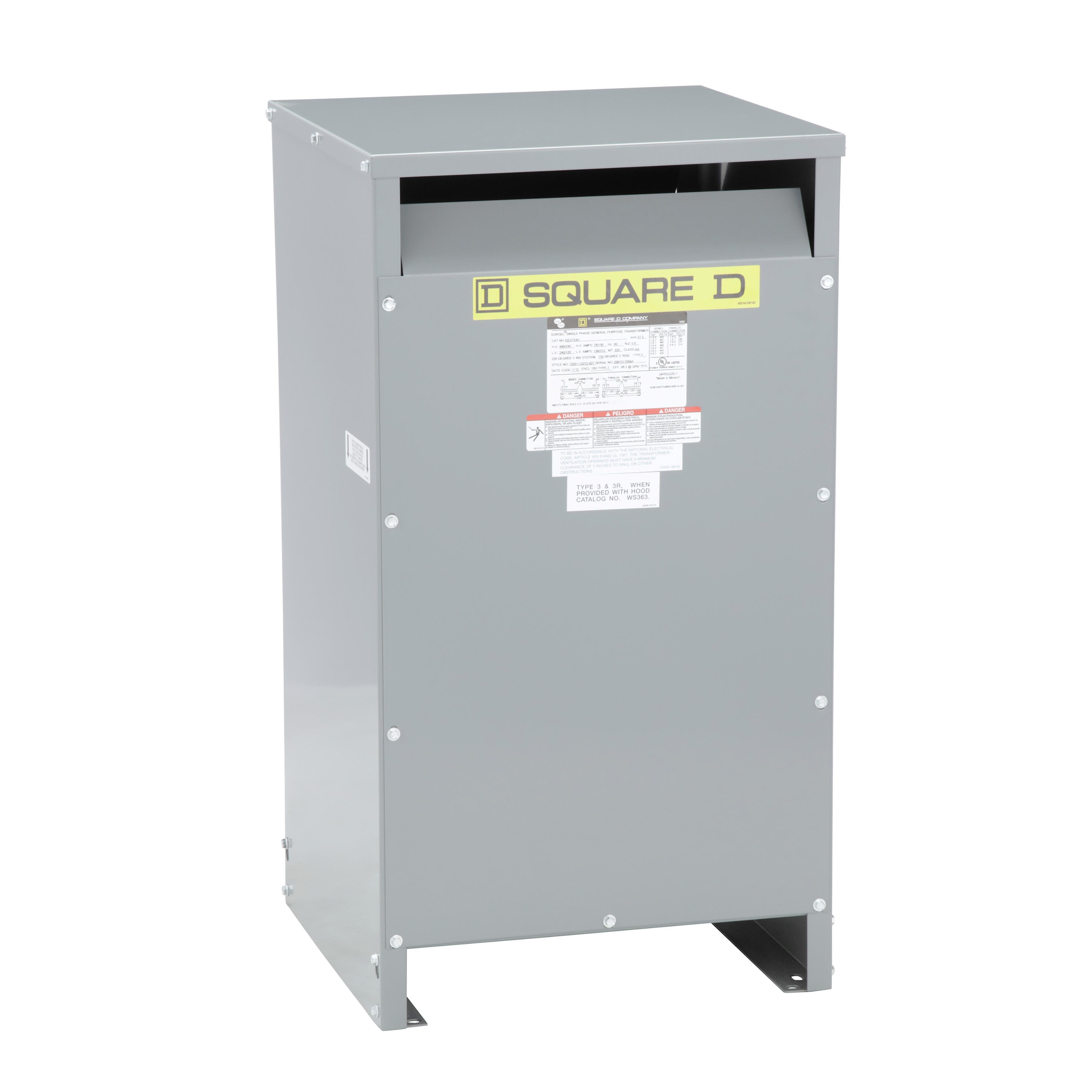 EE37S3H - Transformer, dry type, DOE 2016, 37.5kVA, 1 phase, 240x480V primary, 120/240V secondary, 18H, 150C rise