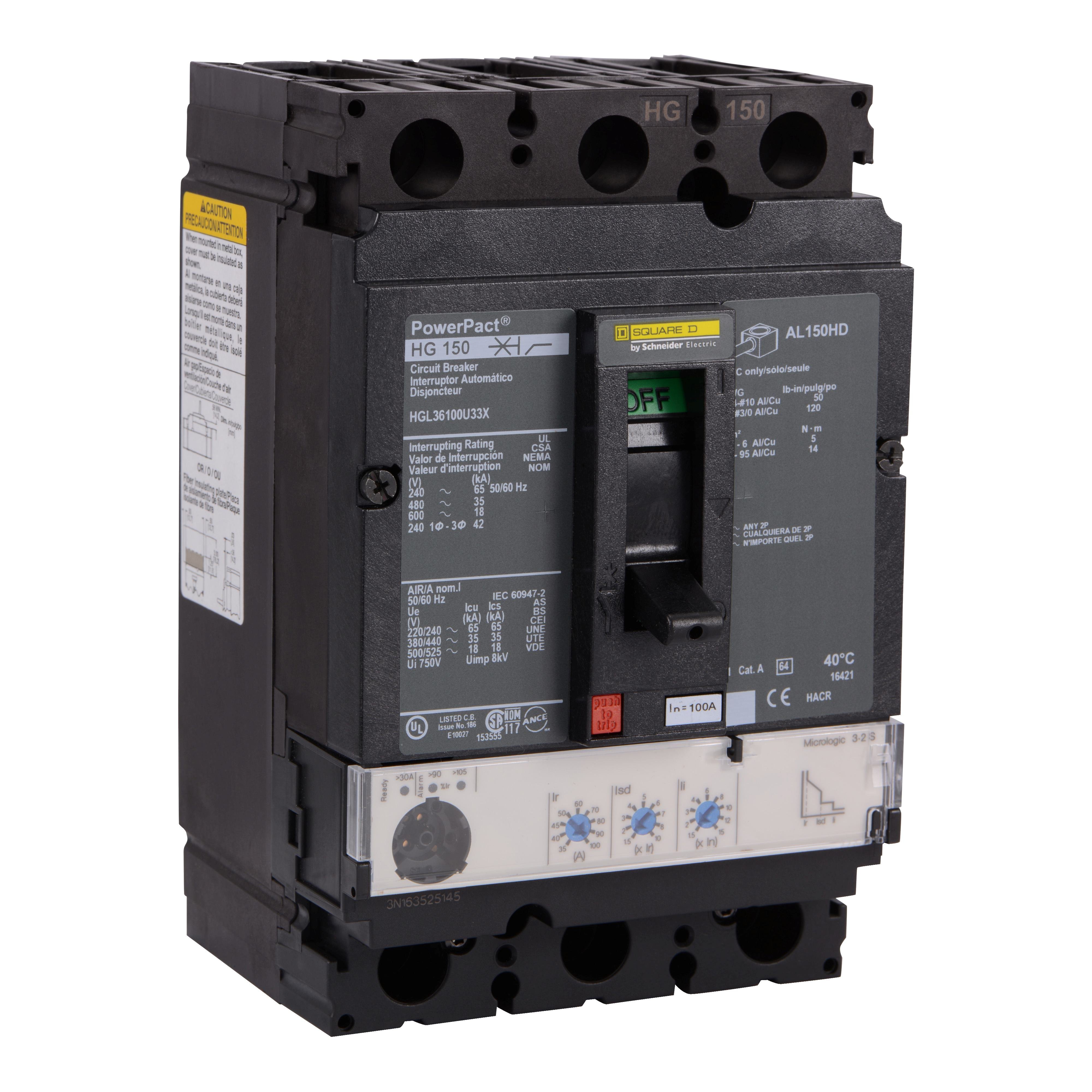 HGL36100U33X - Circuit breaker, PowerPacT H, 100A, 3 pole, 600VAC, 18kA, lugs, Micrologic 3.2S, 80%