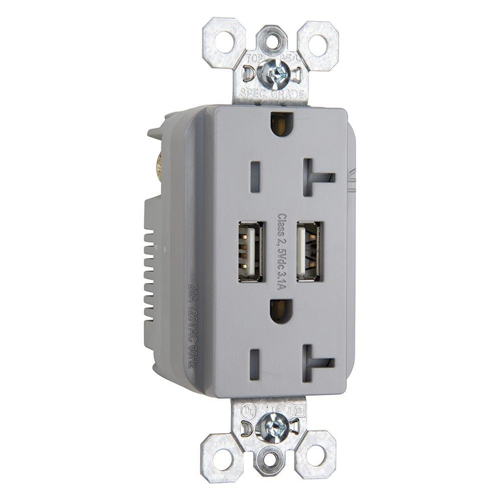 TR-5362USBGRY - 20A 125V Fed Spec-Grade Tamper-Resistant USB Type A/A Outlet, Gray