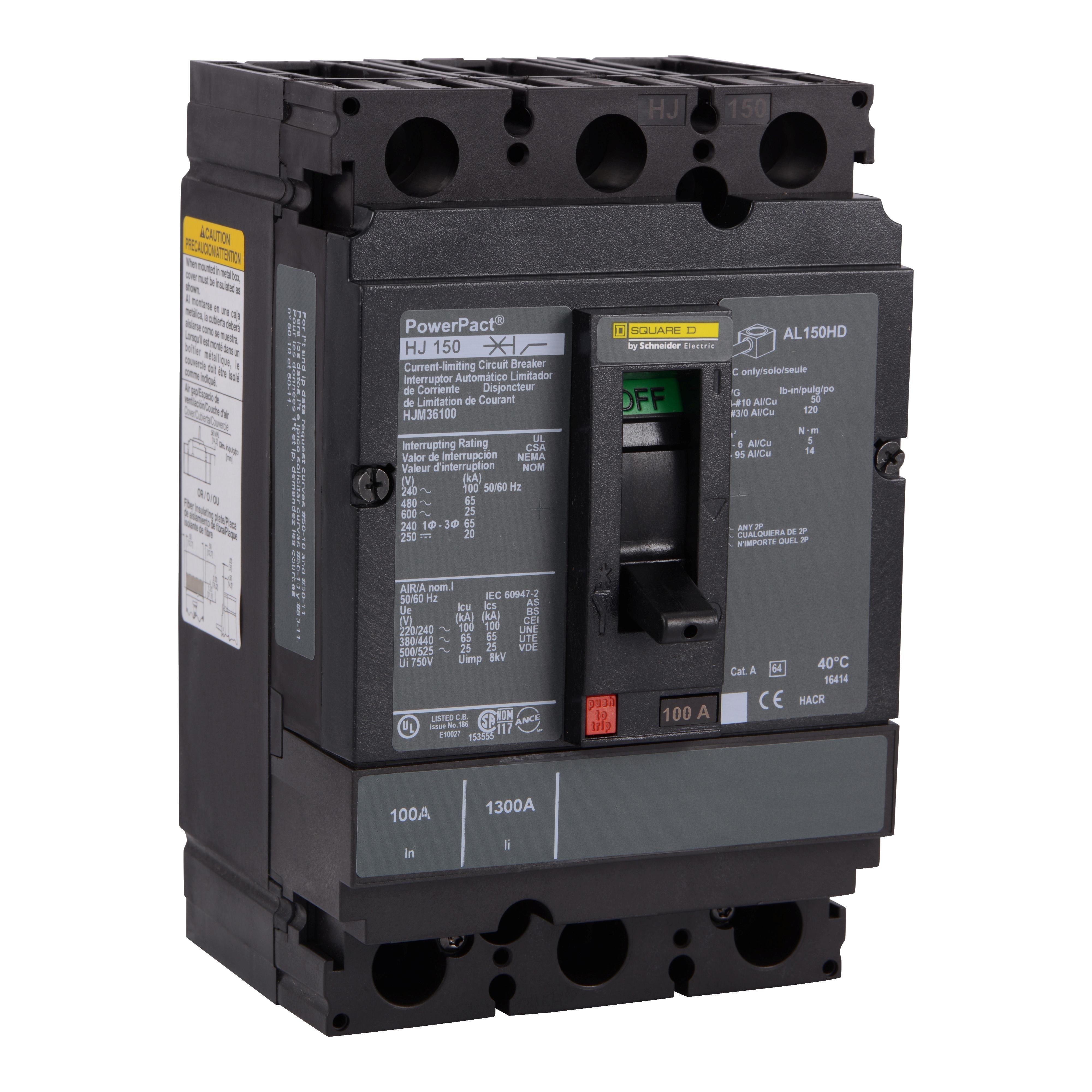 HJM36100 - Circuit breaker, PowerPacT H, 100A, 3 pole, 600VAC, 25kA, lugs, thermal magnetic, 80%