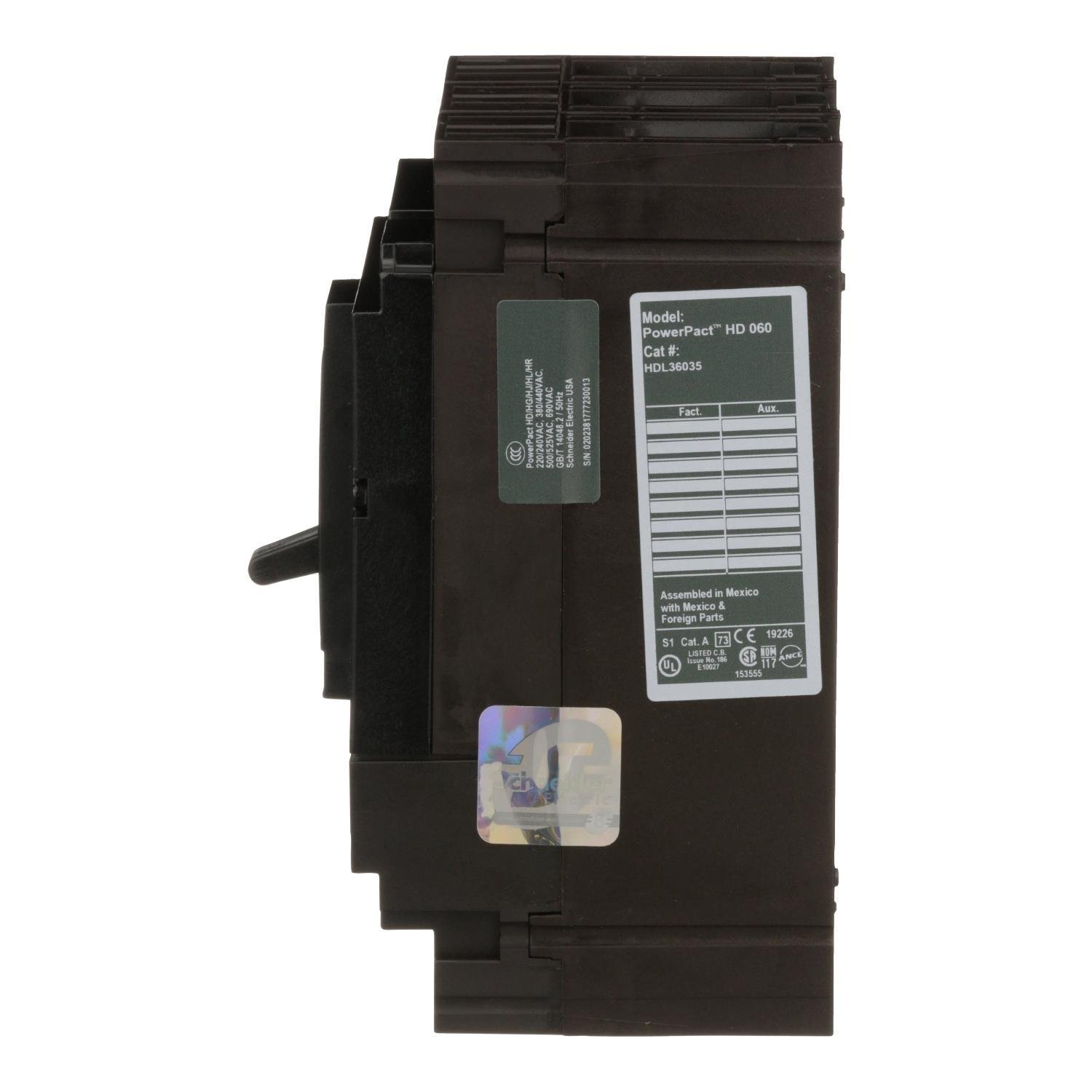 Picture of HDL36035 - Circuit breaker, PowerPacT H, 35A, 3 pole, 600VAC, 14kA, lugs, thermal magnetic, 80%