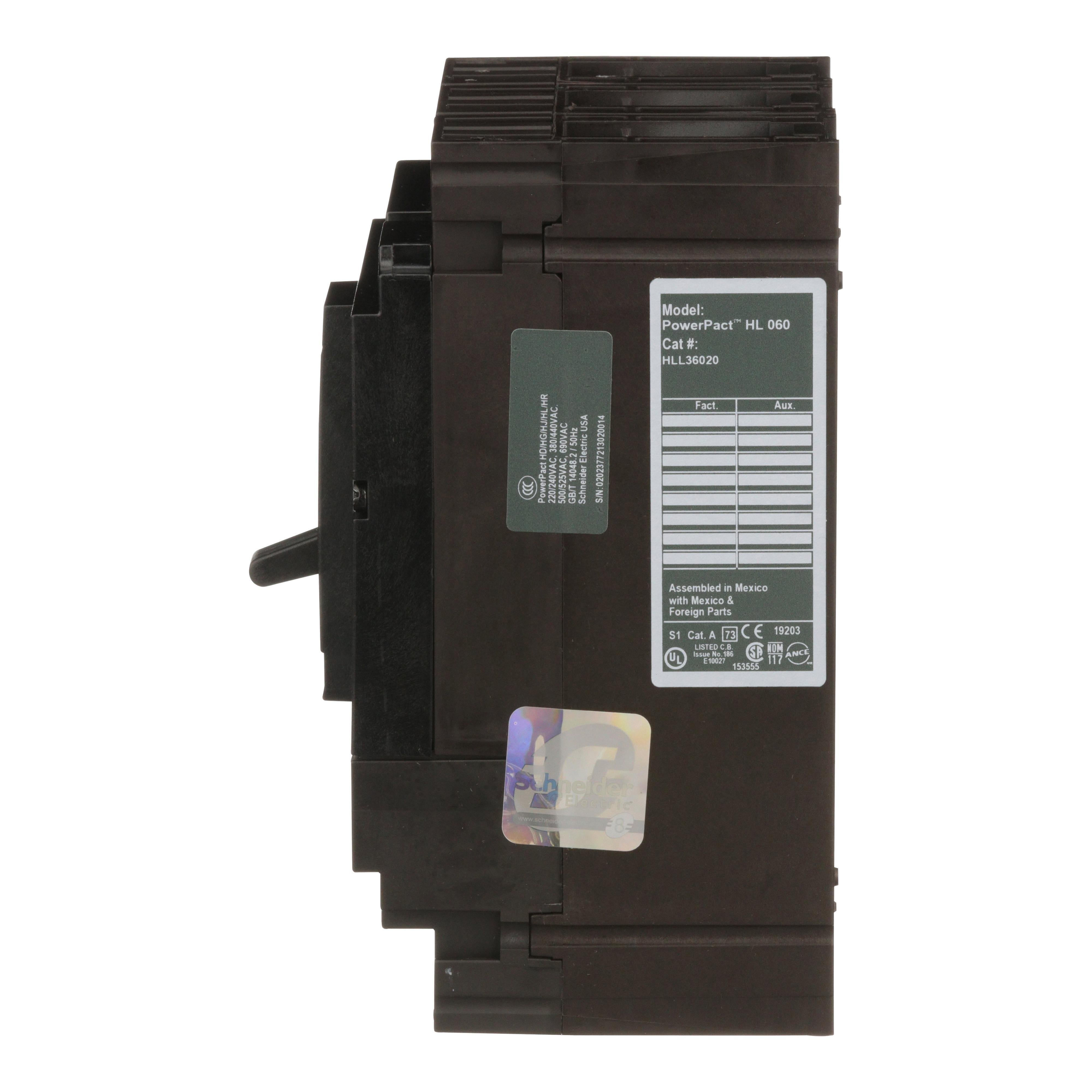 Picture of HLL36020 - Circuit breaker, PowerPacT H, 20A, 3 pole, 600VAC, 50kA, lugs, thermal magnetic, 80%
