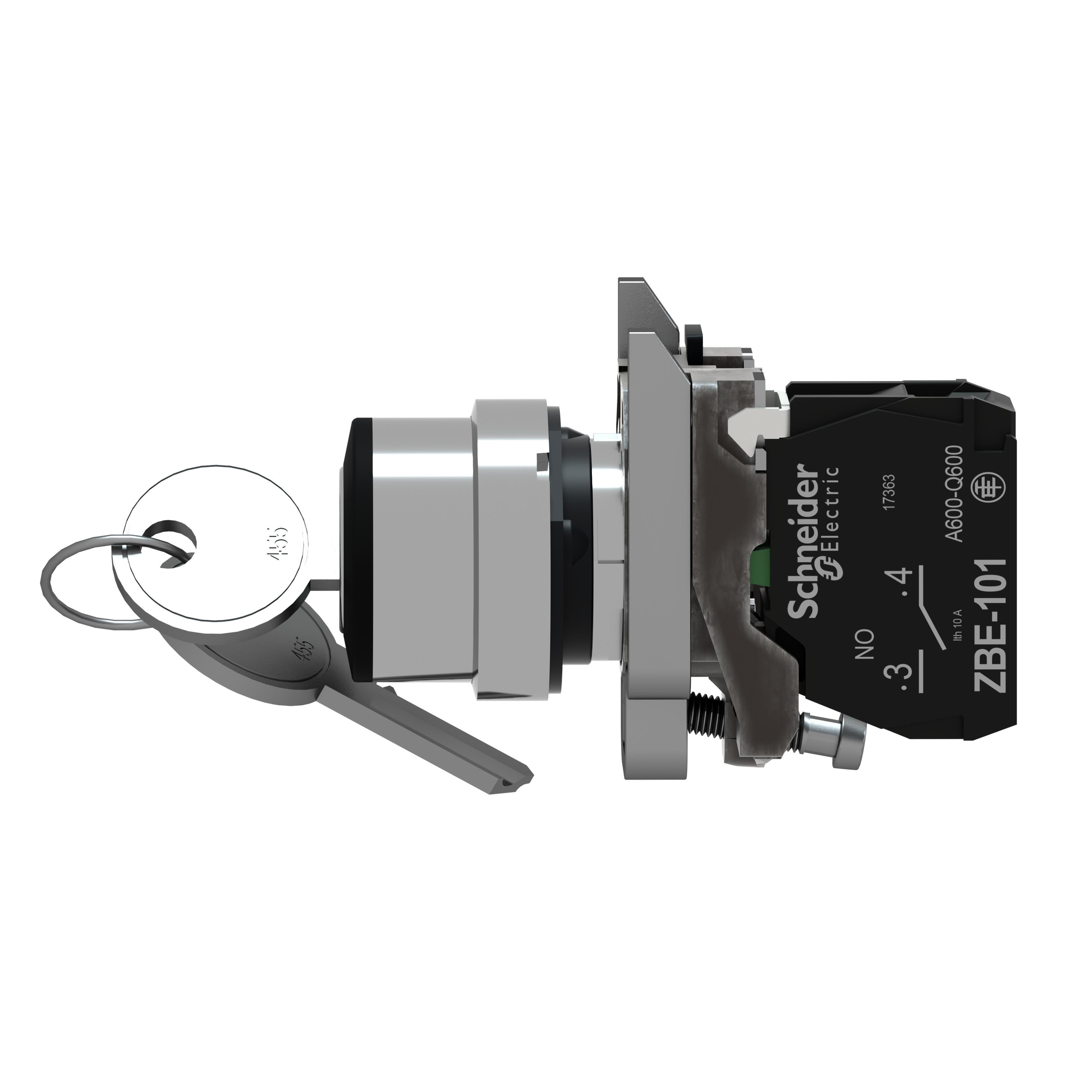 Picture of XB4BG61 - Key selector switch, Harmony XB4, metal, black, 22mm, key 455, 2 positions, spring return right to left, 1NO