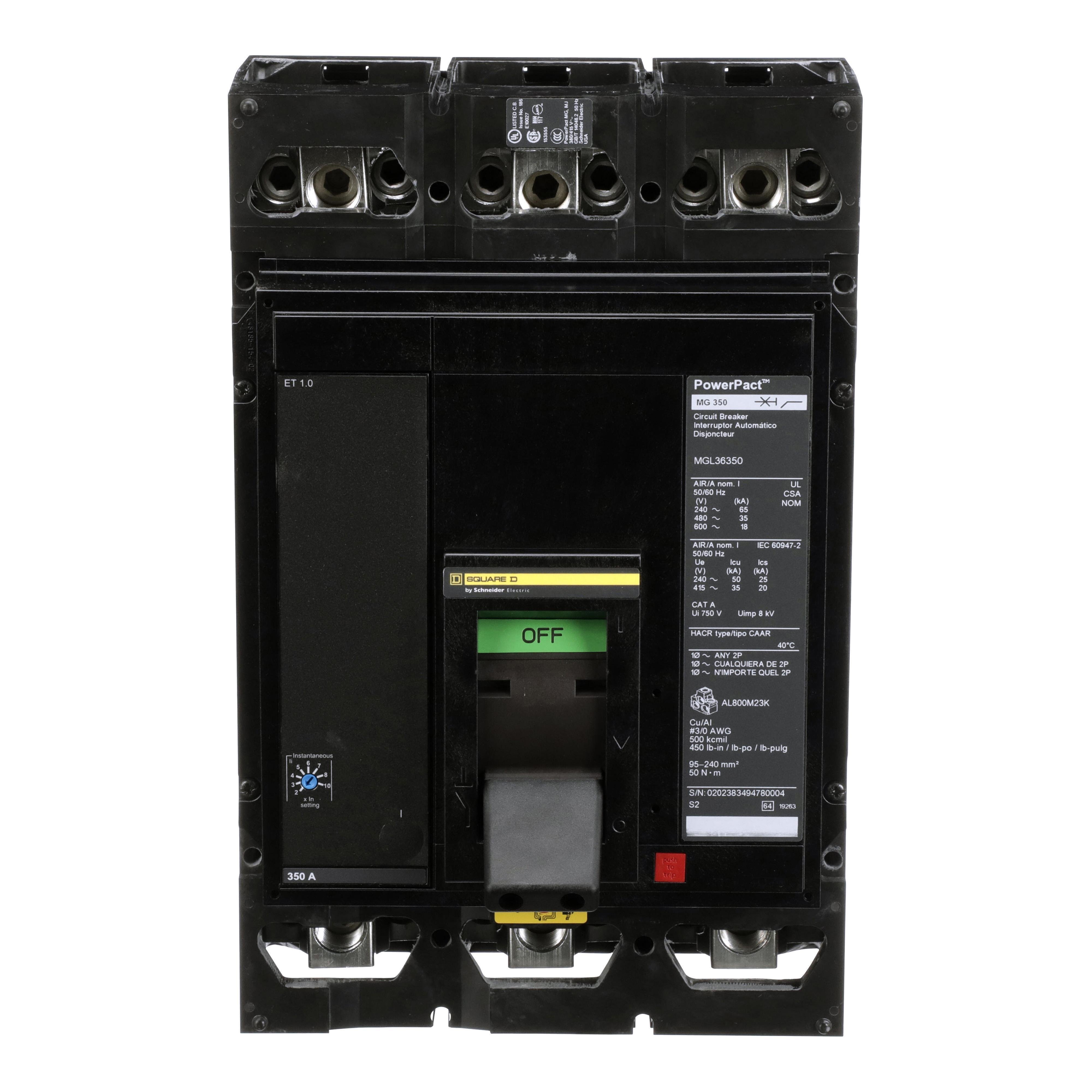 MGL36350 - Circuit breaker, PowerPacT M, 350A, 3 pole, 600VAC, 18kA, lugs, ET 1.0, 80%