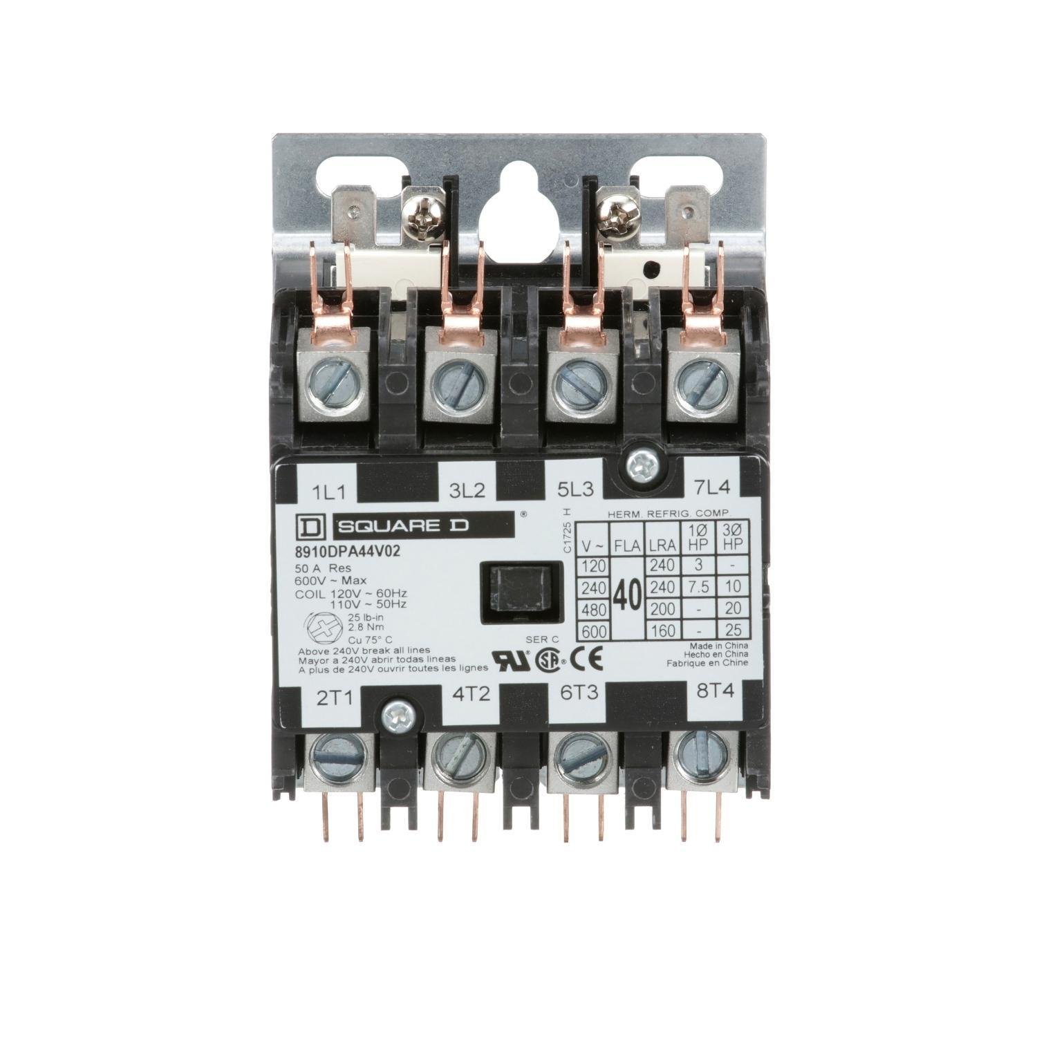 8910DPA44V02 - Contactor, Definite Purpose, 40A, 4 pole, 25HP at 575VAC, 3 phase, 110/120VAC 50/60Hz coil, open
