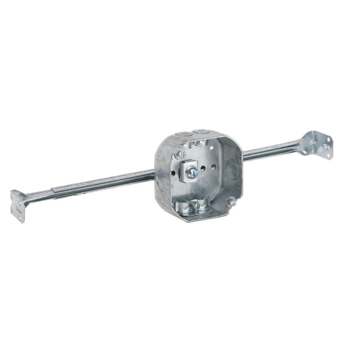 326 - 4 in. Octagon Box, Drawn, 1-1/2 in. Deep, Two 1/2 in. KO's & NMSC Clamps, Bar Hanger