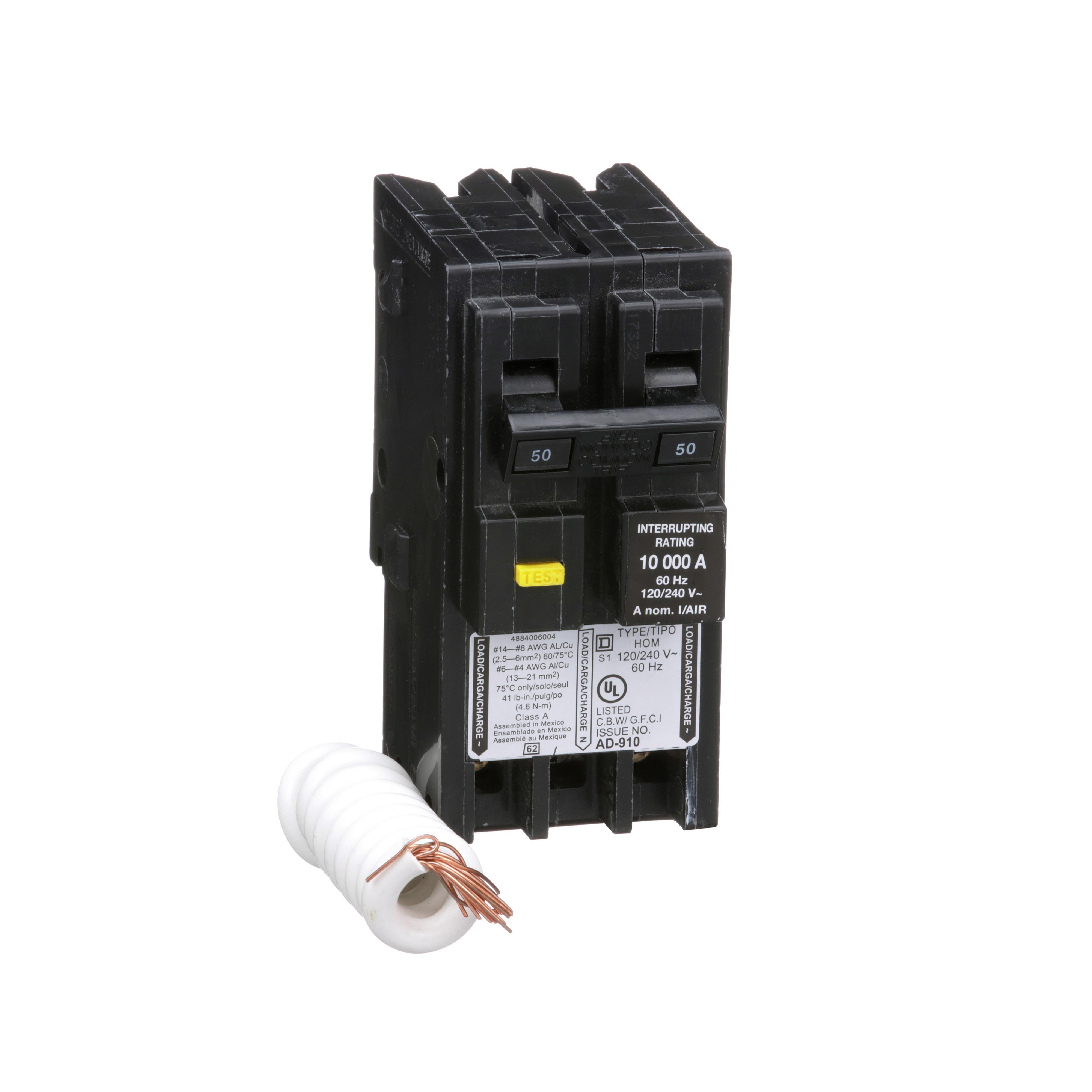 HOM250GFI - [TAA] Mini circuit breaker, Homeline, 50A, 2 pole, 120/240VAC, 10kA AIR, ground fault class A, plug in, UL